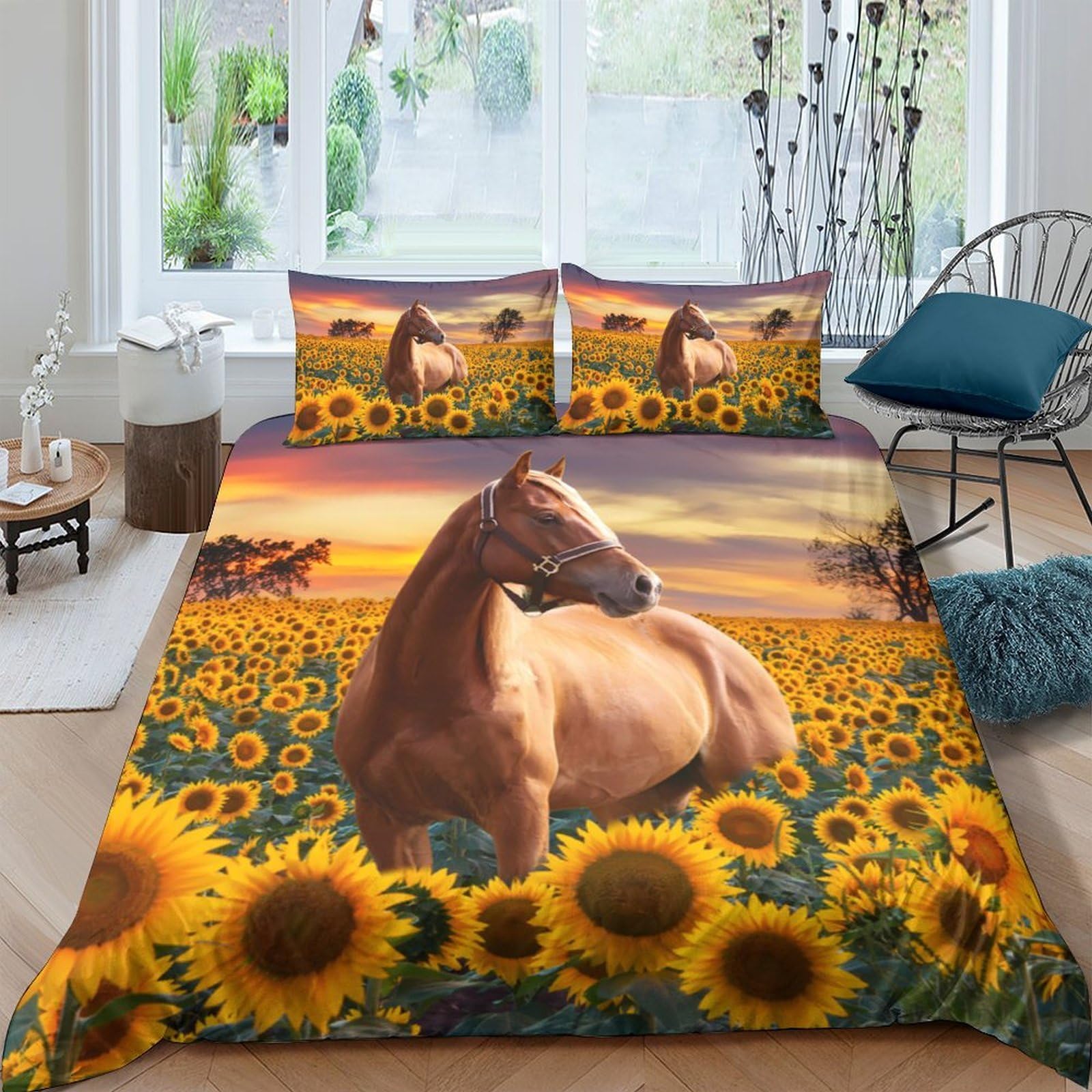 Ctjqhvkz Style-1 3D Printed Sunflower Field Fitted Sheet Microfiber Horse Sunset Mattress Cover Anti-Slip Machine Washable Bedroom Decor Single（135X200cm）