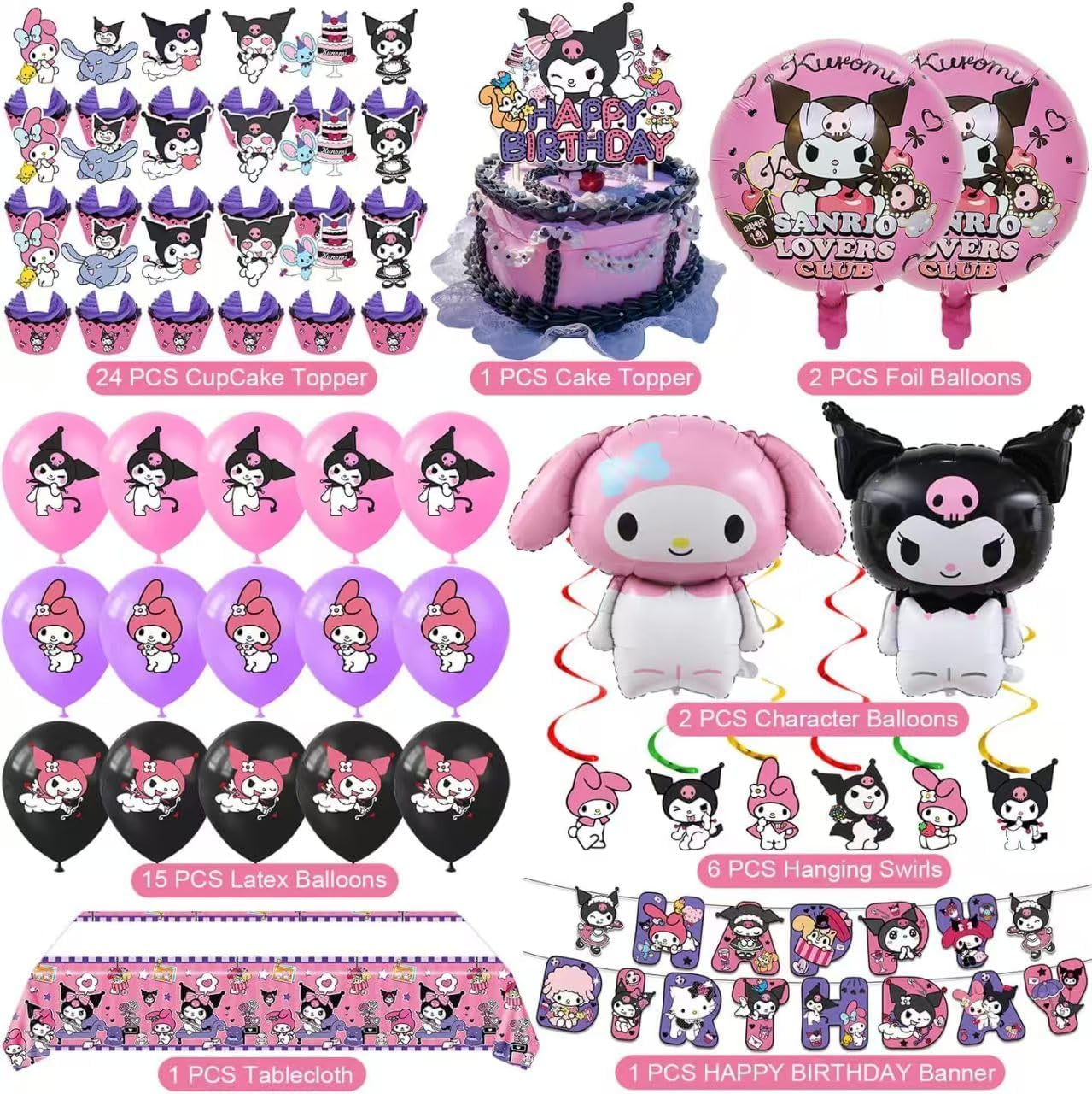 52PCS-Kuromi Birthday Party Supplies, Party Decorations Set Include Banner, Balloons, Hanging Swirls, Cake Cupcake Toppers, Tablecloth for Girls Kuromi Theme Party