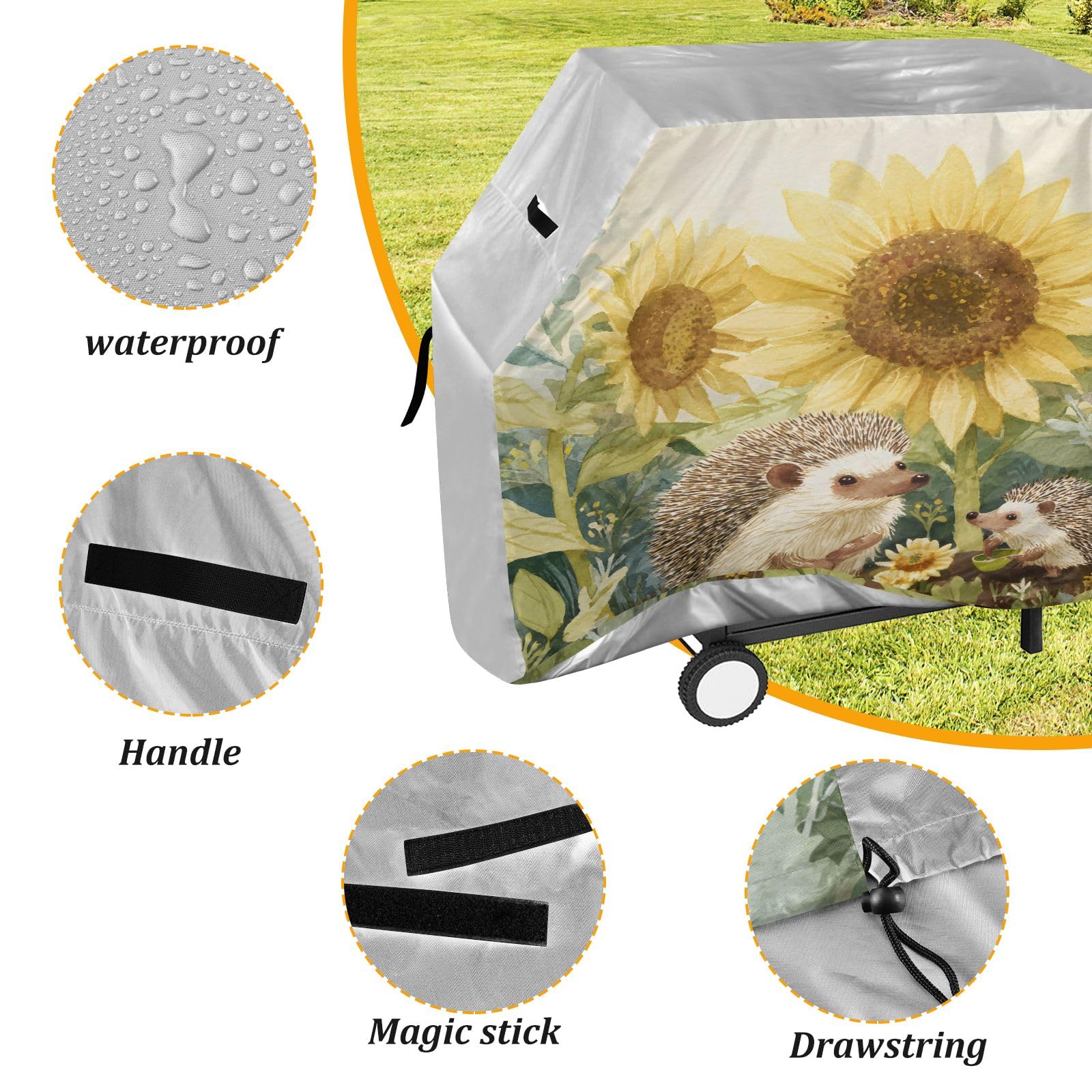 Grillabdeckung für den Außenbereich, hochwertig, strapazierfähig, wasserdicht, reißfest, witterungsbeständig, UV-beständig, 165,1 cm, Igelfamilie, Gartenarbeit unter riesigen Sonnenblumen