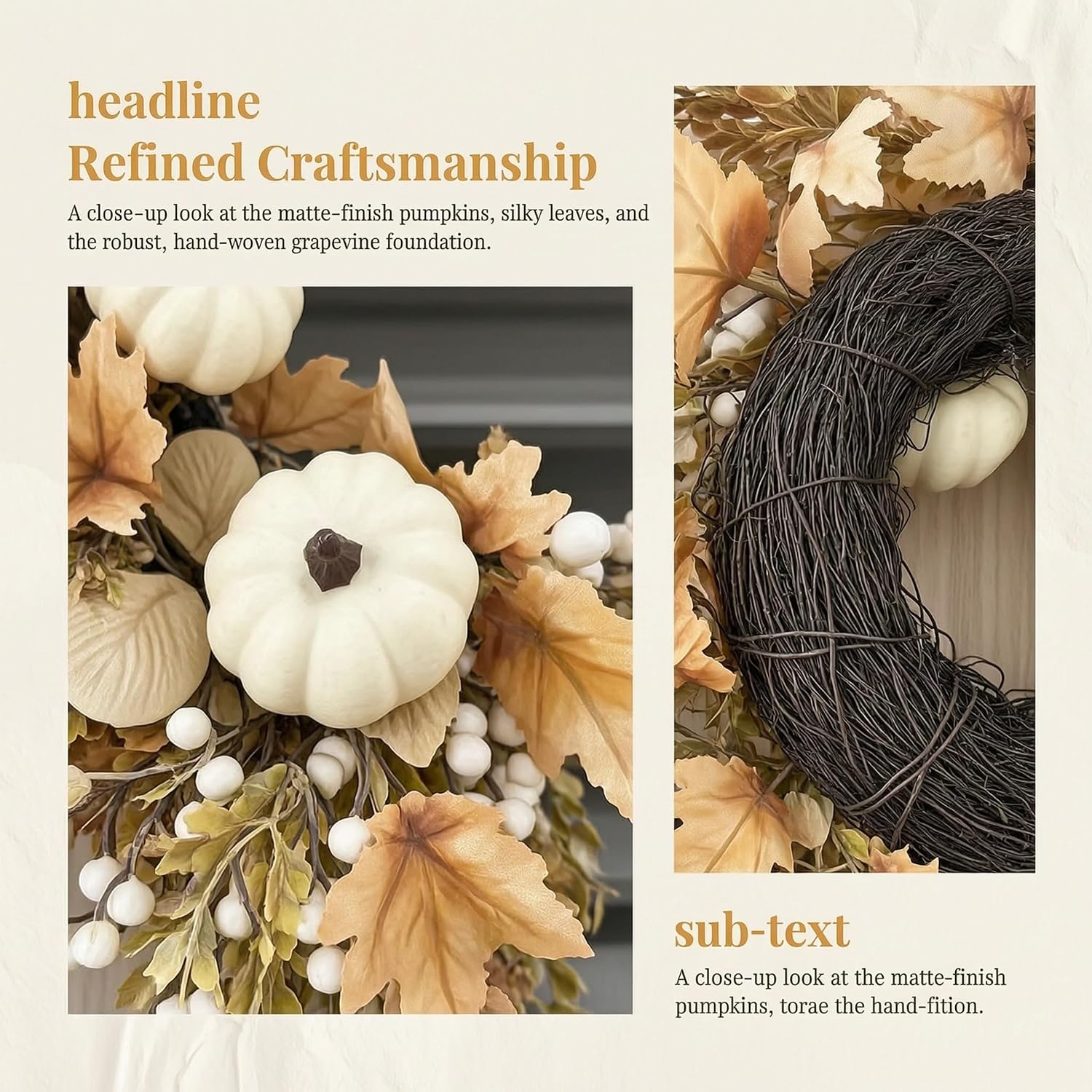 24 Inch Neutral Fall Wreath for Front Door, Artificial Autumn Harvest Wreath with White Pumpkins, Maple Leaves, Berries & Wheat, Farmhouse Thanksgiving Decor for Indoor Outdoor Home Wall