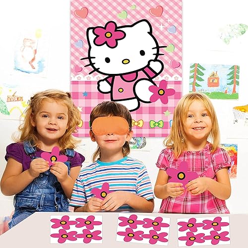 Miniatura 6 de Decoraciones de cumpleaños de gatito, póster grande con diseño de pin the flower on kitty, juegos de fiesta temática de gatitos, póster grande para