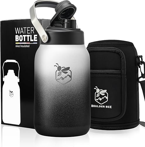 Boulder Bee Botella de agua aislada  Jarra de agua de medio galón con asa, termo de acero inoxidable de 64 onzas con bolsa de transporte, doble