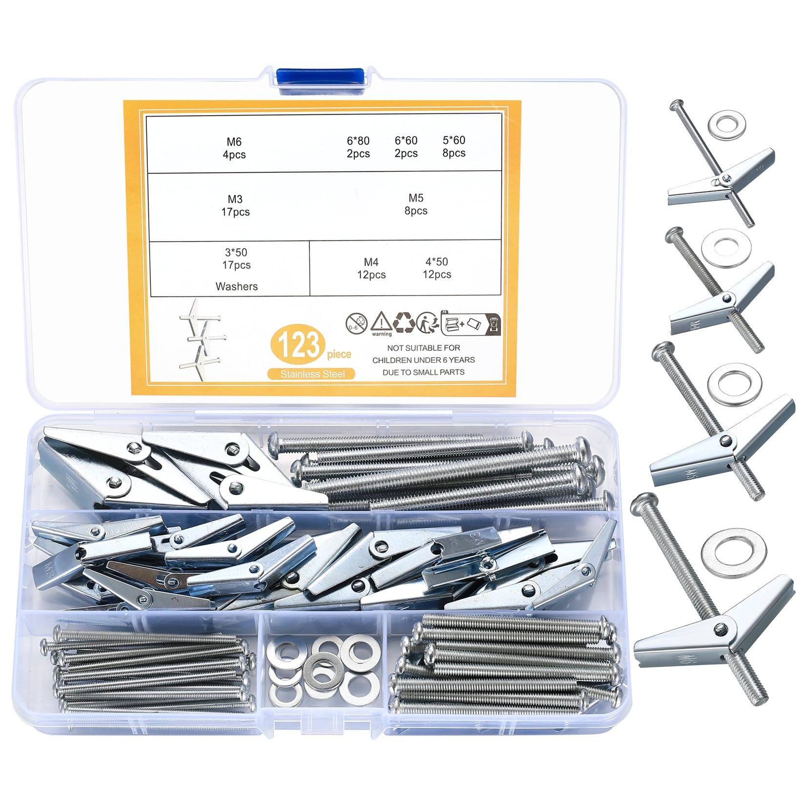 qxayxa 123 Pcs Plasterboard Fixings, Wing Spring Toggle Bolts and Drywall Screws, M3/M4/M5/M6 Spring Toggle Fixings
