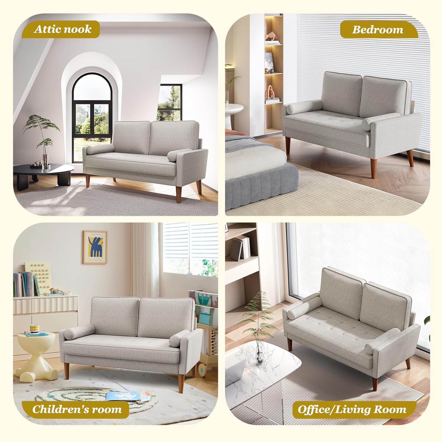 Vesgantti Loveseat Sofa with Solid Wood Legs, 48" Small Couches for Small Spaces, Love Seat for Living Room, Bedroom, Easy Assembly Mid Century Modern Couch with Throw Pillow for Apartment, Ashbeige