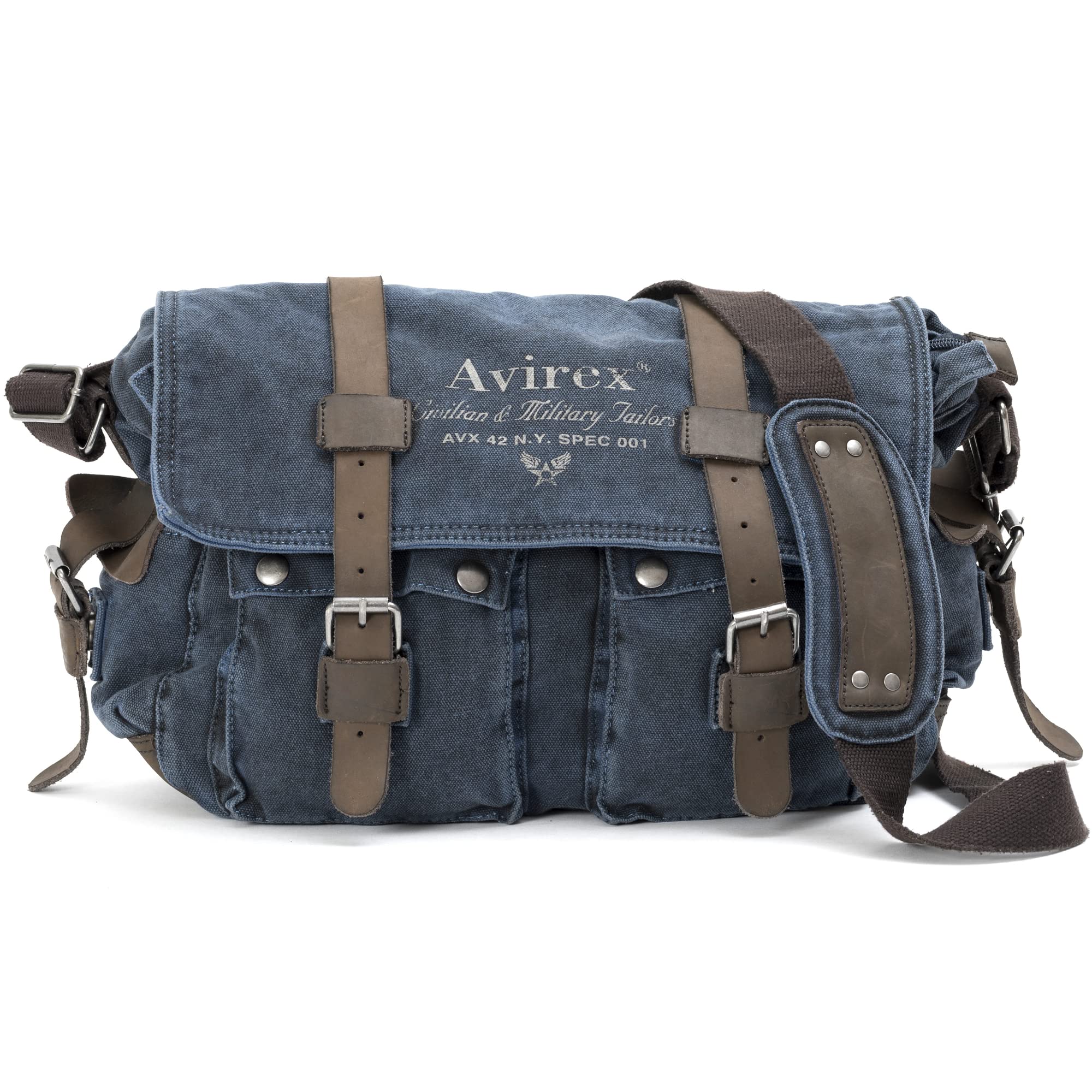 Avirex Borsa a Tracolla Uomo Da Viaggio o Lavoro in Stile Militare Con Finiture in Vera Pelle Bovina e Canvas per PC Laptop o portadocumenti o Zaino a Tracolla