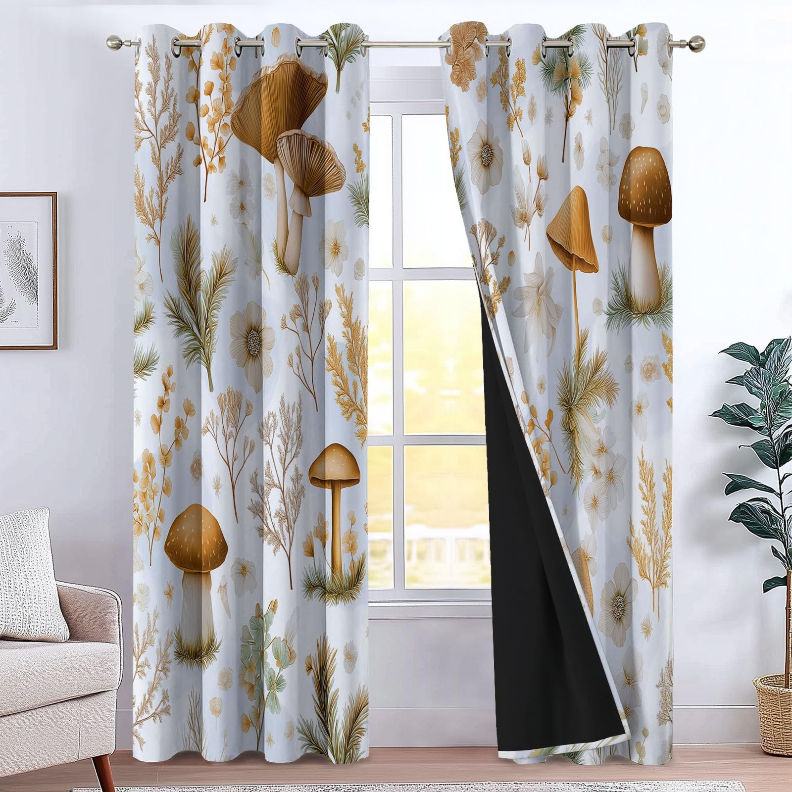 Verdunklungsvorhänge für Pilz, 100 x 178 cm (B x H), für Jungen Mädchen, Blickdichte Gardinen Ösenpaar, Handgezeichnete Pilzen Blumen Und Pflanzen Vorhänge für Kinderzimmer