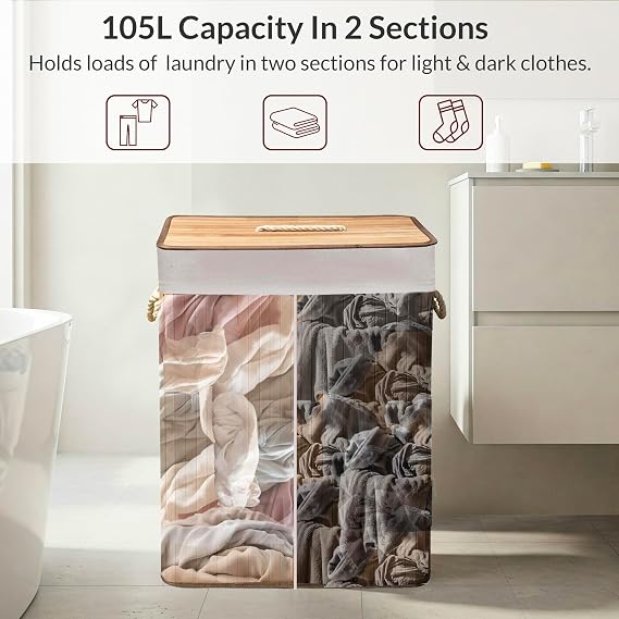 Knight Bamboo Laundry Hamper 105L - Dual Compartment Basket, Removable & Washable Liner, Foldable, Natural, for Bedroom & Bathroom, 52x32x63cm (Natural)