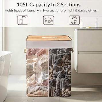 Knight Bamboo Laundry Hamper 105L - Dual Compartment Basket, Removable & Washable Liner, Foldable, Natural, for Bedroom & Bathroom, 52x32x63cm (Natural)