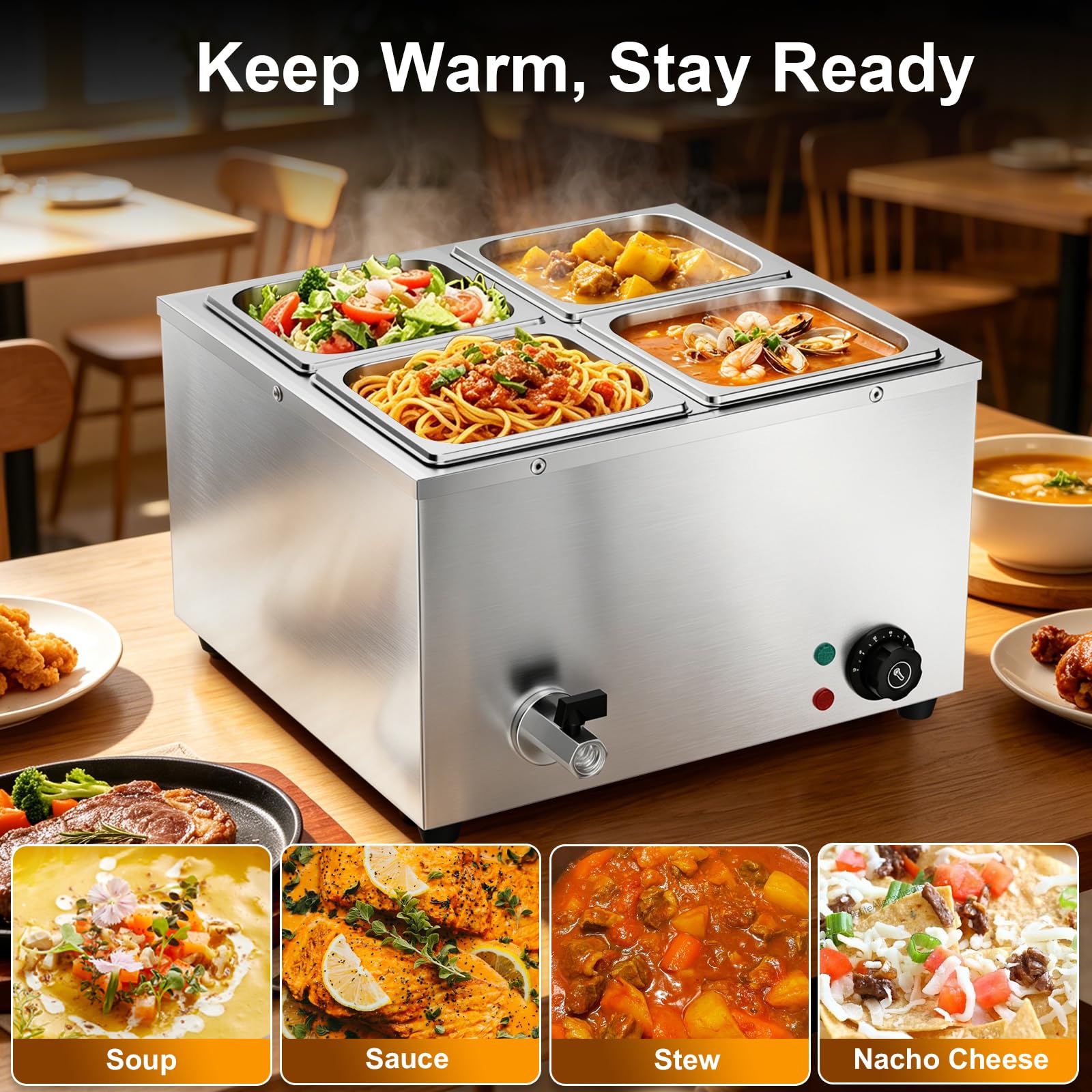 TAIMIKO 1500W Bain Marie électrique en Acier Inoxydable Cuiseur pour Chocolat Fondoir 220V Chauffe-Plats Professionnel Commercial avec 4 x 1/6 Casseroles