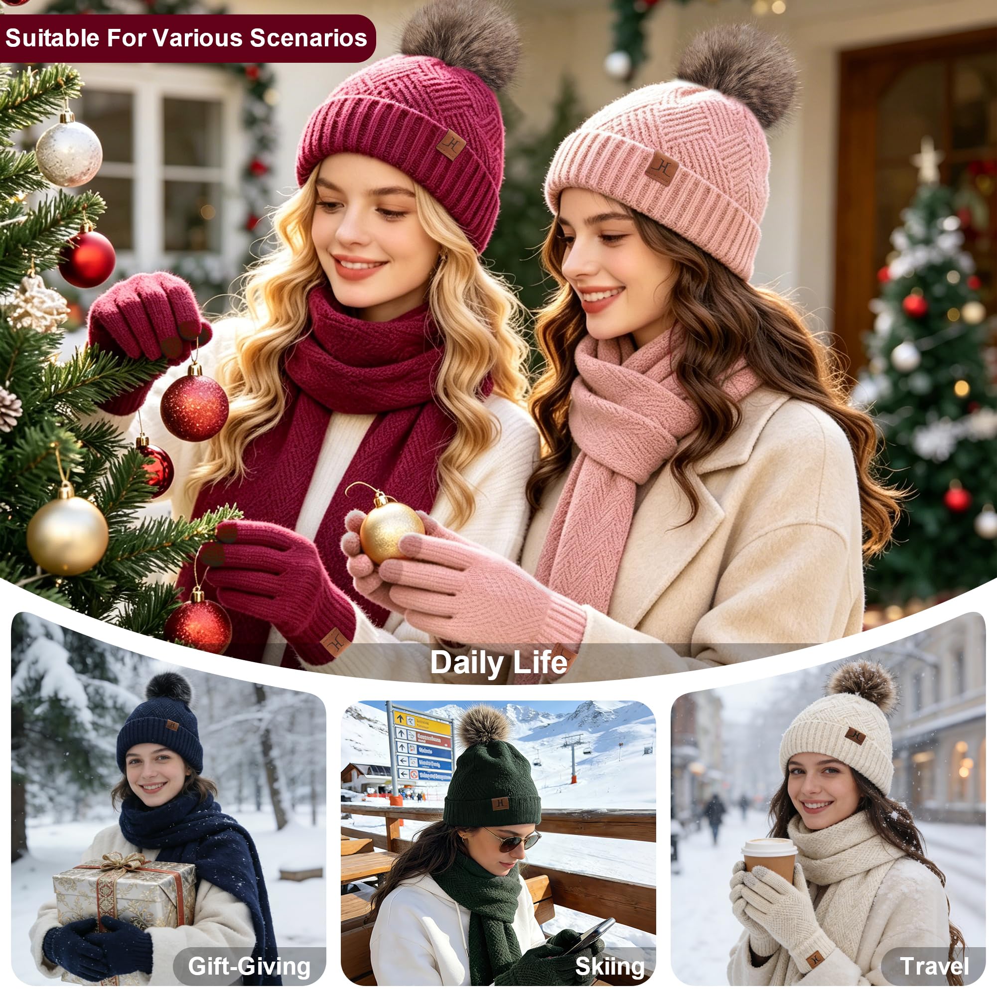 Femmes Hiver Chaud Bonnet Pompon Longue Echarpe Gants Tactiles Ensemble Tricot avec Doublure Polaire Thermique Cadeaux Noel Femme