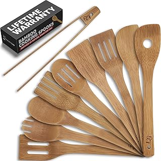 PriorityChef Wooden Spoons for Cooking, 9Pc with Tongs, Non Scratch Bamboo Cooking Utensils, Non-Toxic Wooden Utensil Set, Easy to Clean Kitchen Utensils Set for Everyday Use on All Cookware Types