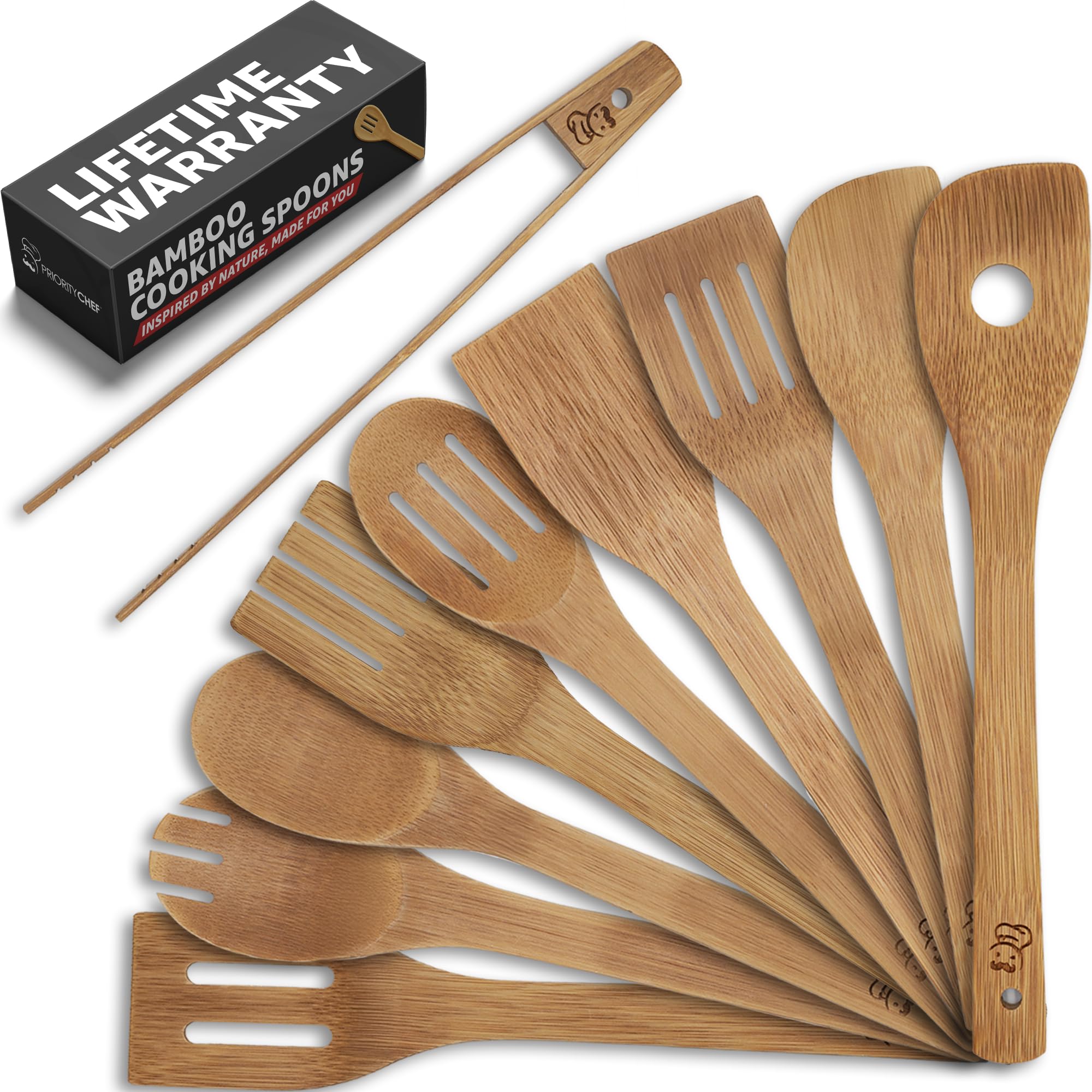 PriorityChef Wooden Spoons for Cooking, 9Pc with Tongs