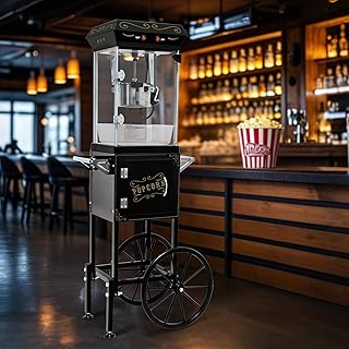 Vintage Theater Style Popcorn Machine Cart, 6oz Capacity, 480W Electric Popper with Wheels, Black Metal Frame, Glass Cabinet, 19.49in Height, Storage Shelf