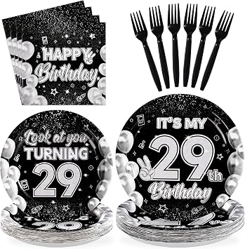 96 Pcs Black White Men Women 29th Birthday Decorations, Serves 24