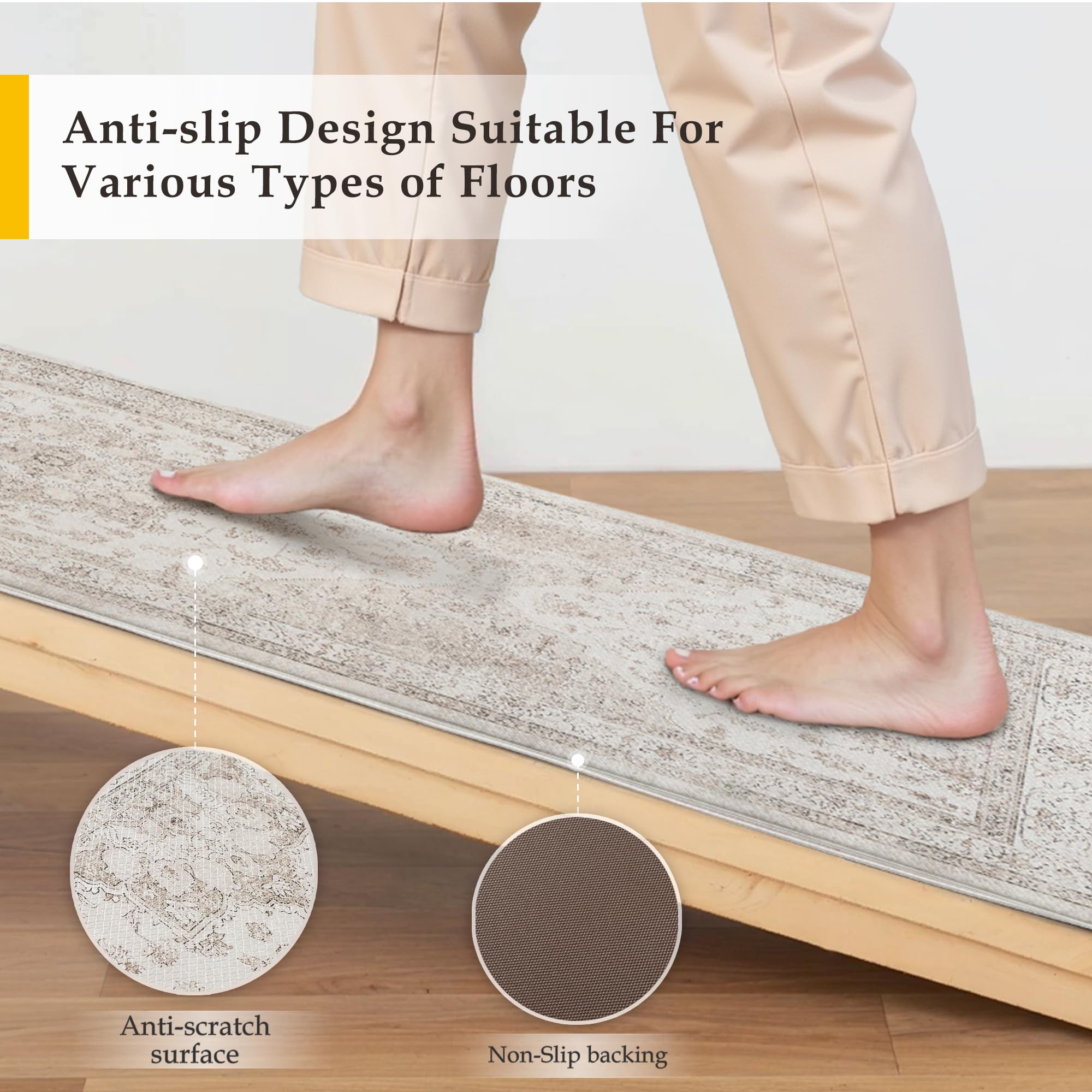Kitchen Mats 2PCS Anti Fatigue Cushioned Mat Beige Vintage Kitchen Mats for Floor Waterproof Non Slip Comfort Standing Oriental Medallion Rug for Sink Laundry Office 17.3"x47"+17.3"x30" — view 4