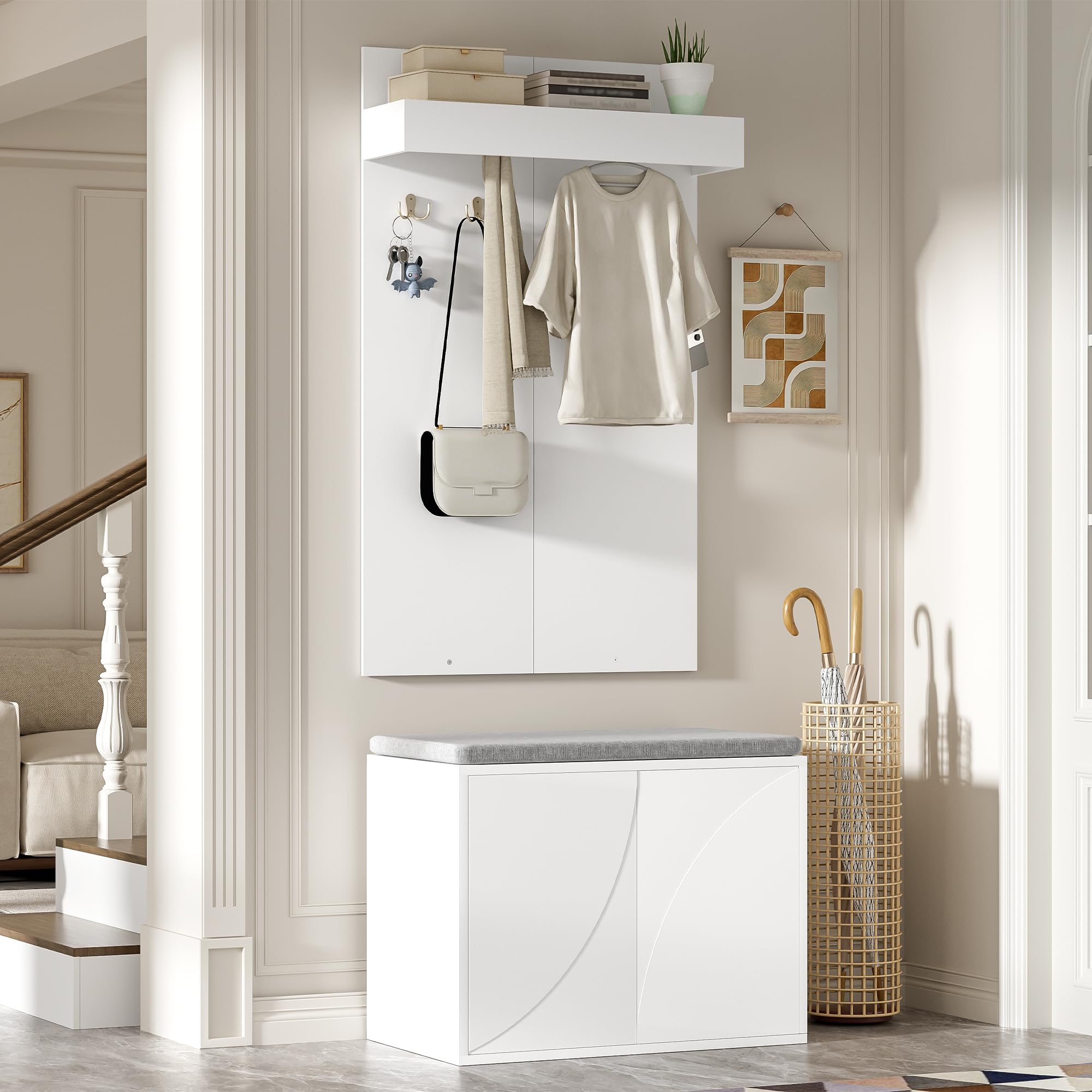 Set appendiabiti 3 in 1, appendiabiti con 4 ganci integrati, scarpiera con due ante e scarpiera, bianco, 60 x 35 x (45 + 100) cm