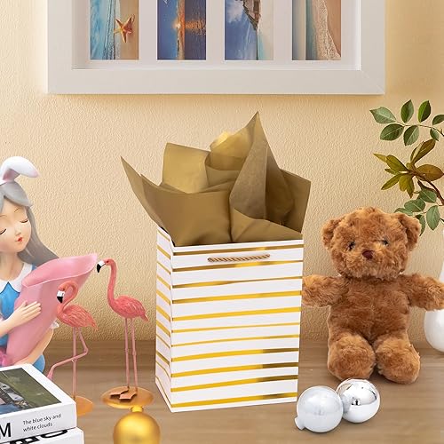 Miniatura 7 de Nihuecne Bolsas de regalo de 9 pulgadas de tamaño mediano con papel de seda, paquete de 4 bolsas de regalo de papel de envoltura de oro blanco con