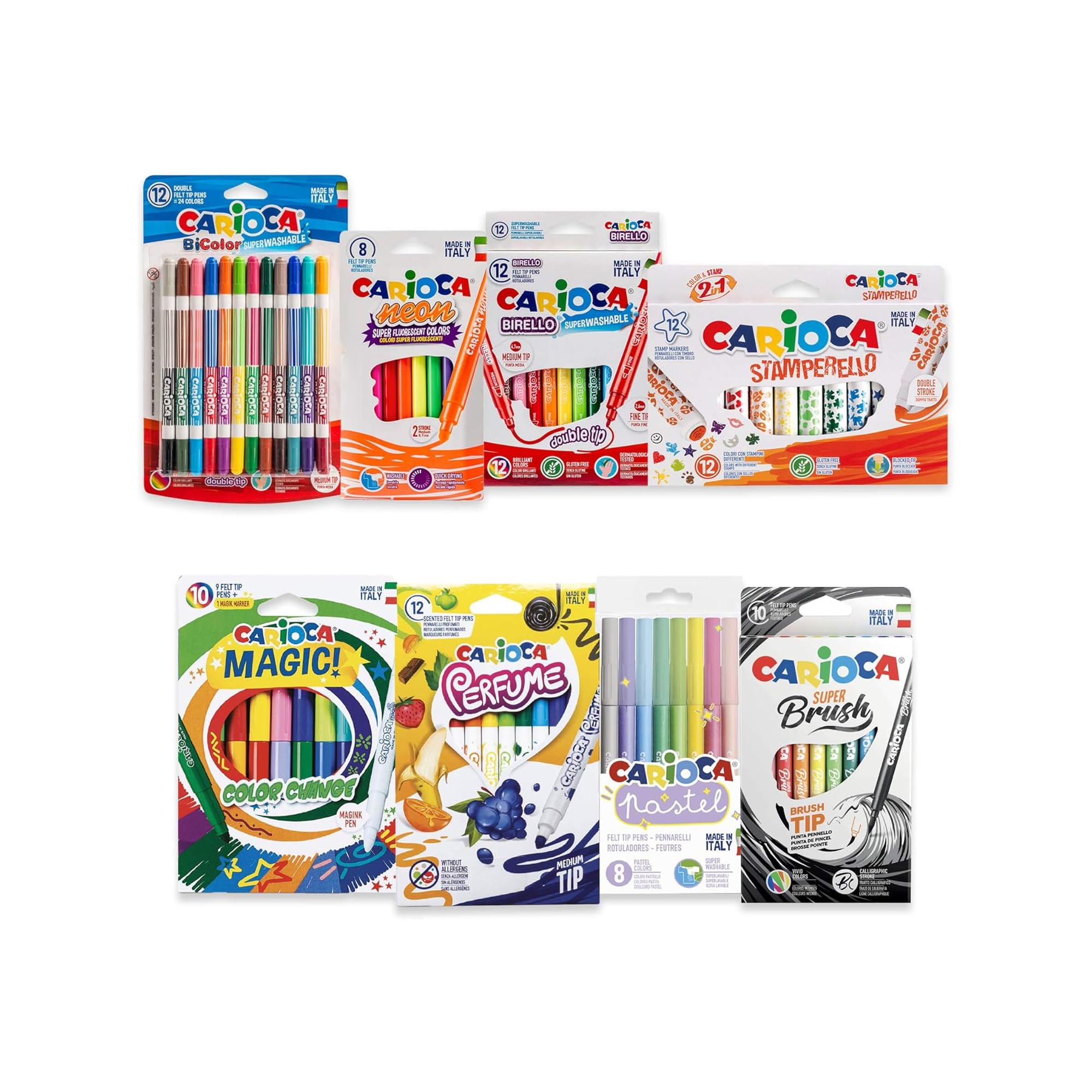 CARIOCA Filzstift-Set, sortiert - doppelseitige, zweifarbige, fluoreszierende, pastellfarbene, duftende, farbwechselnde Marker mit konischer und Pinselspitze (8 Boxen, insgesamt 84 Stifte)