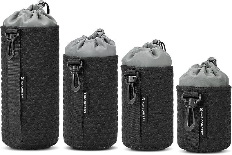 Camera Lens Case, Drawstring Lense Pouch for DSLR SLR, 4 Pack | Abrasion-Resistant Polyester, Plush Interior & Hook, 4 Sizes (S/M/L/XL) Bag Set for Canon,Nikon,Sony,Fuji DSLR/SLR Lenses.