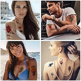 77 Sheets Temporary Tattoo, 17 Sheets Half Arm Flower Rose Skull Butterfly Snake Fake Tattoos for Adults, 60 Sheets Tiny Waterproof Temporary Tattoos Body Art Sticker Realistic for Women Girls or Kids