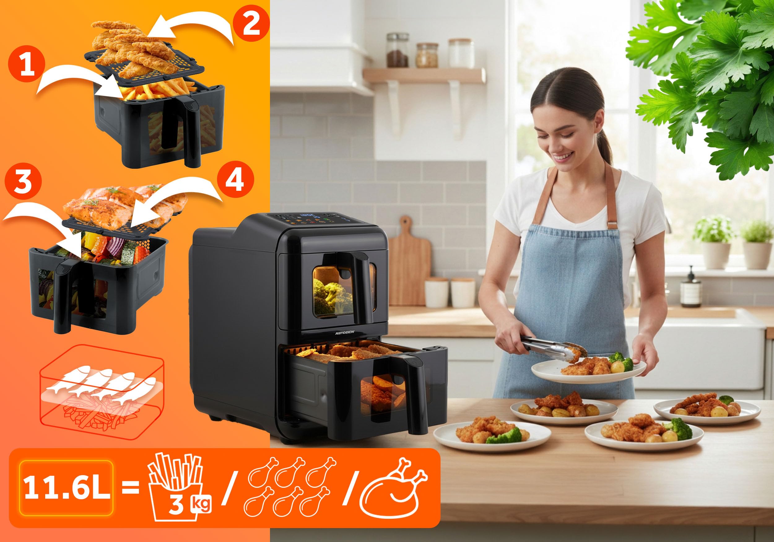 Berdsen Frytkownica Beztłuszczowa Airfryer na Gorące Powietrze 11,6 l - Dwukomorowa Pionowa 2 x 5,8 l, 3000 W, 9 Programów, Ekran Dotykowy i Okienko LED - Pieczenie, Grillowanie i Suszenie - Czarna