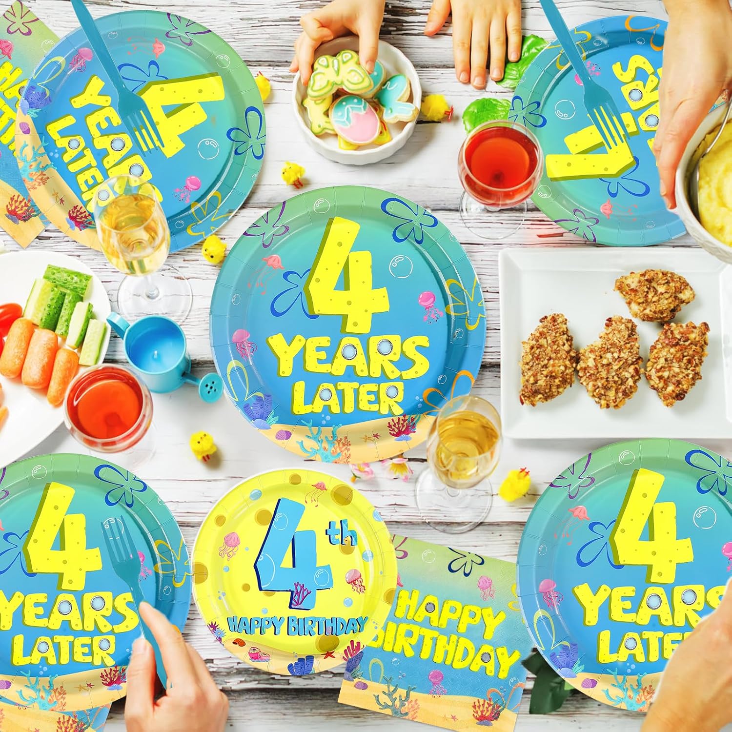96Pcs Yellow Cartoon Party Supplies 4th Birthday Plates and Napkins Blue Yellow Ocean Disposable Paper Tableware for adults Underwater Birthday Party Supplies Serves 24