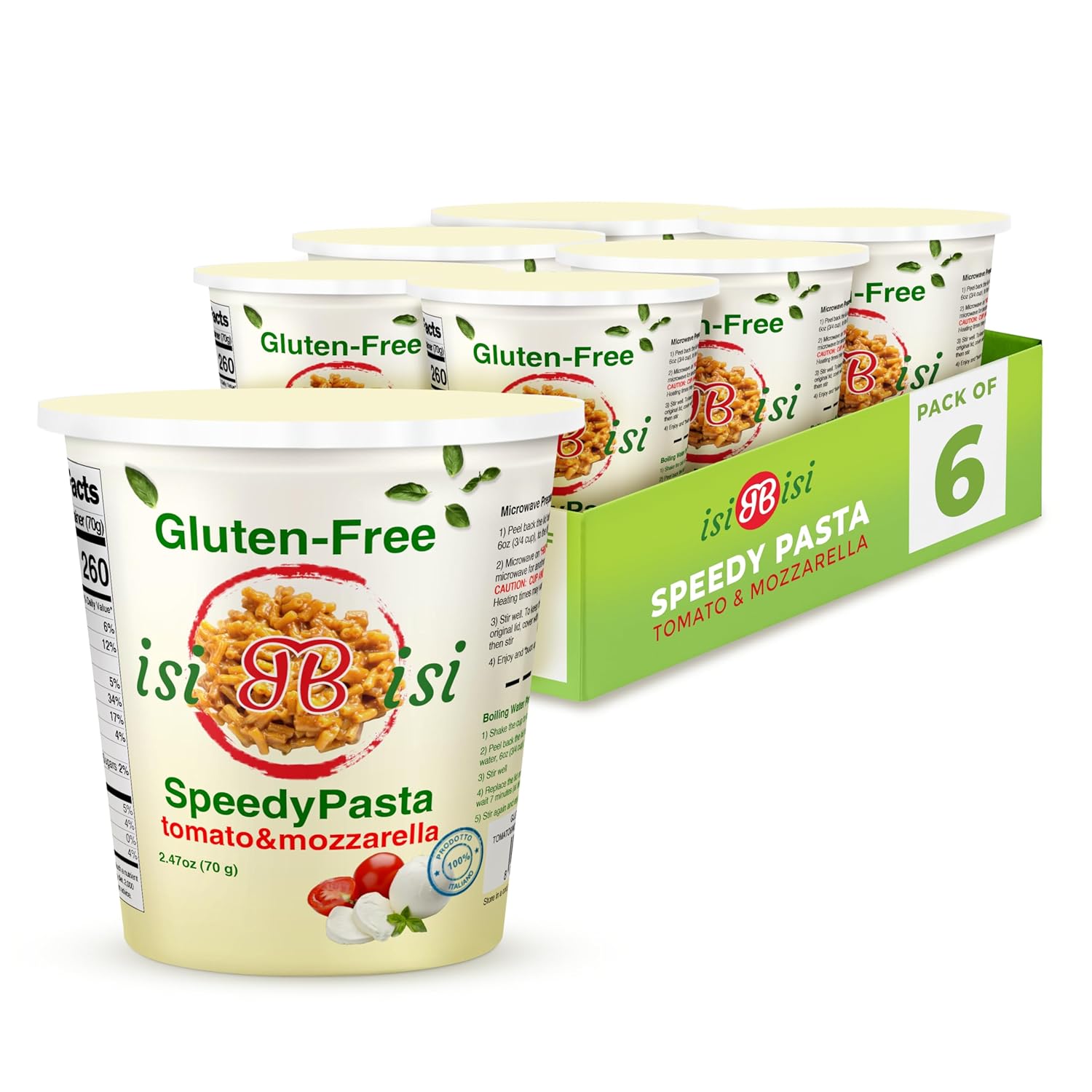 isiBisi Gluten-Free SpeedyPasta Tomato & Mozzarella Pasta Cups - Microwavable-Ready Baby Rigatoni Noodles, Non-GMO, 100% Made in Italy