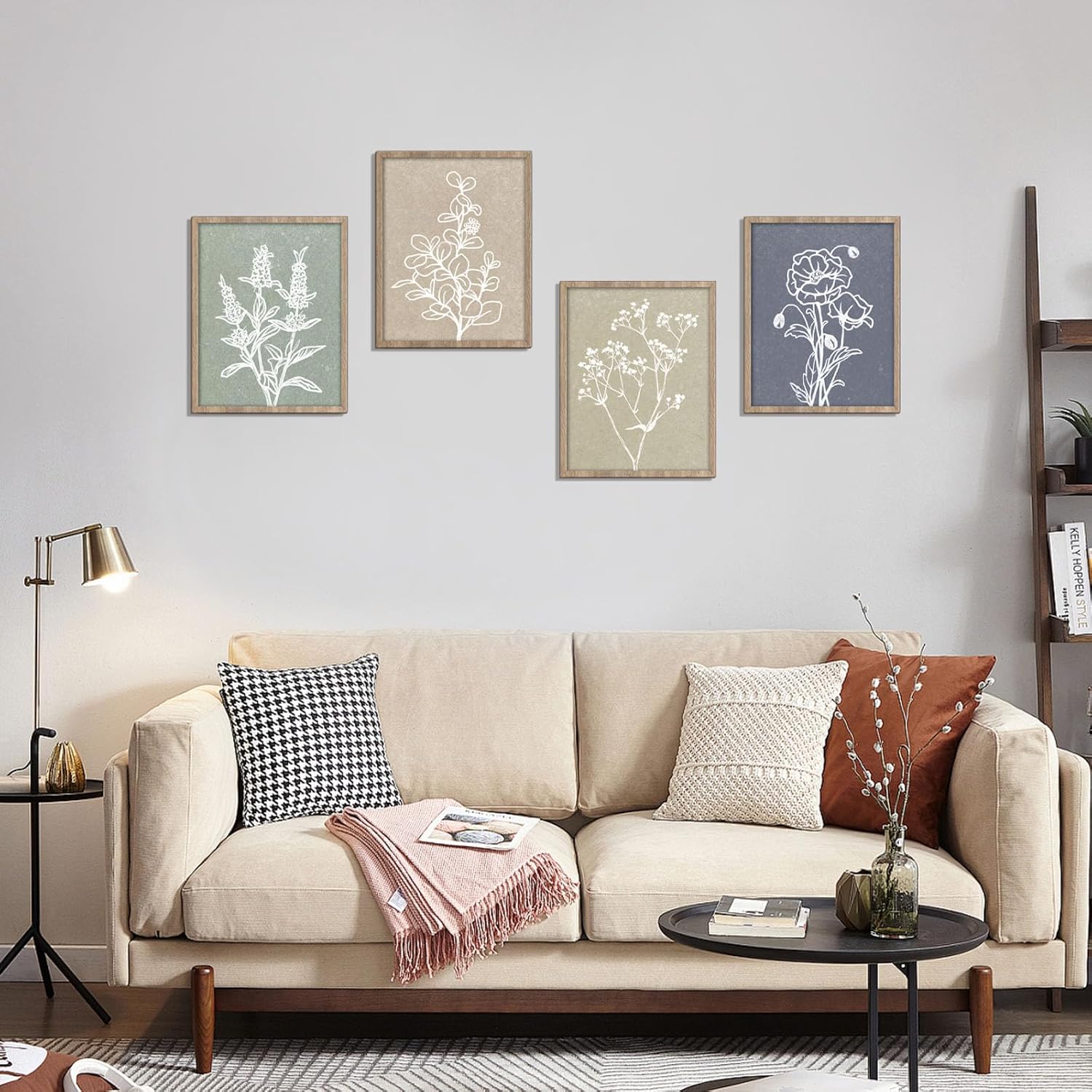 OYEFLY 4 Pcs Framed Boho Wall Art,Botanical Print Wall Art (Brown)