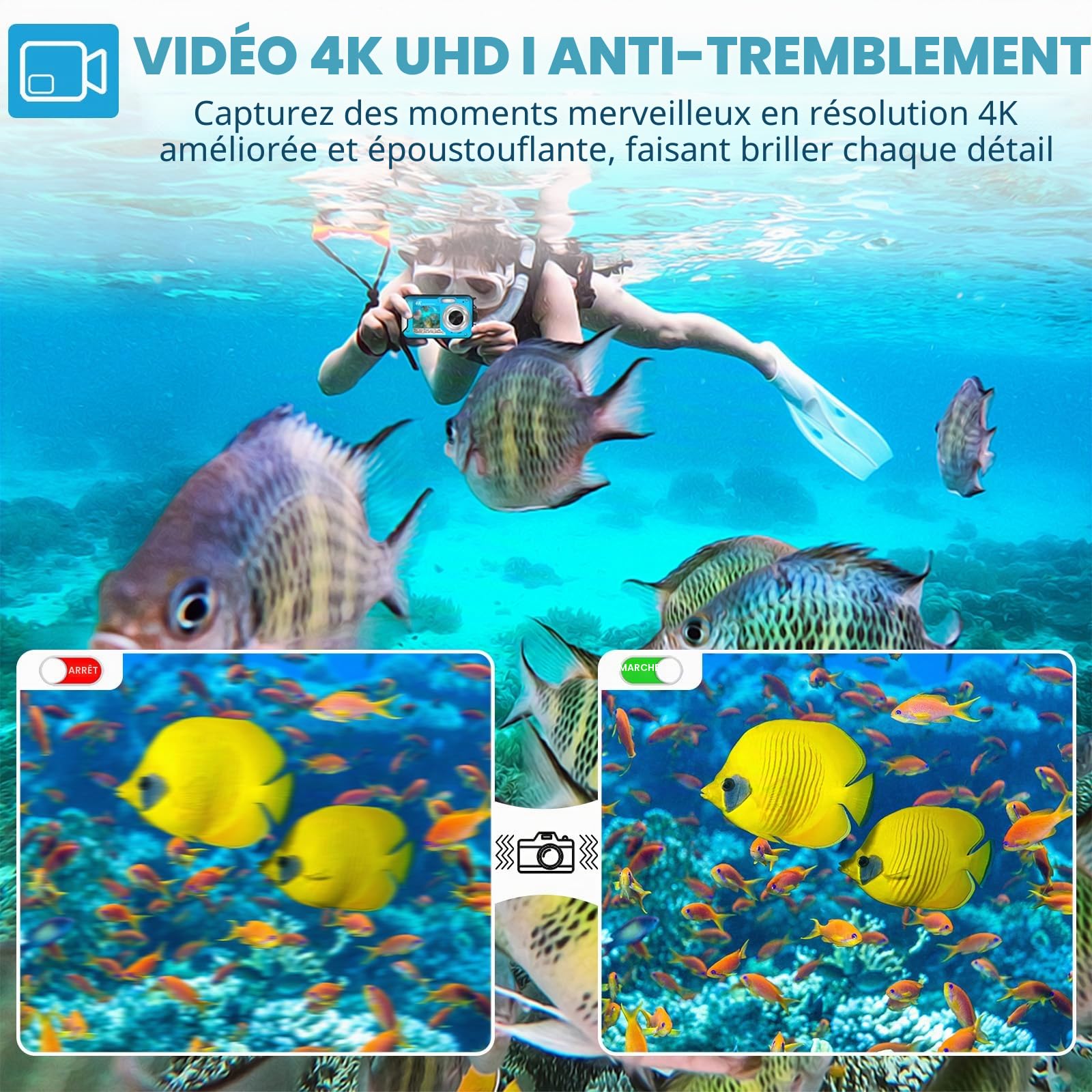 Appareil Photo Etanche 64MP avec Carte 64GB, Camera Etanche 4K avec Autofocus Et Double Écran Selfie, Appareil Photo Etanche Numérique 5 Mètres, Caméra Enfants Snorkeling (2 Batteries)