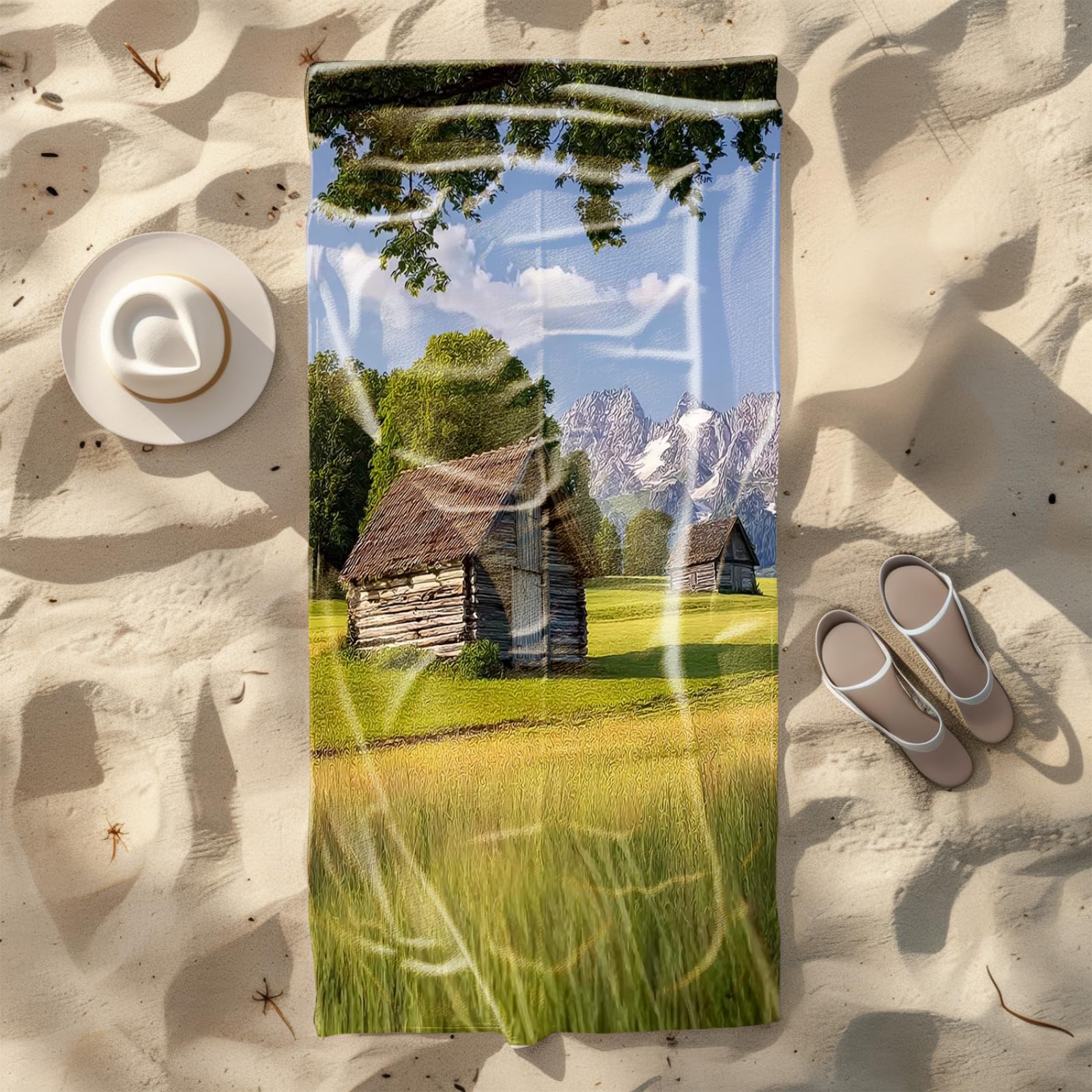 Telo Mare Microfibra 210x230 Casa In Legno Marrone Telo Spiaggia Grande Antisabbia,XXL Asciugamano Mare, Asciugatura Rapida, Stuoia Spiaggia Leggero E Portatile