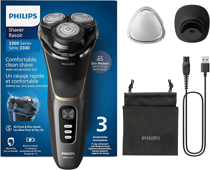 PHILIPS Shaver Series 3000 – Elektrischer Nass- und Trockenrasierer für Männer in Schwarz, mit SkinProtect-Technologie, ausklappbarem Bartschneider, Ladestation und Reisetasche (Modell S3342/13)