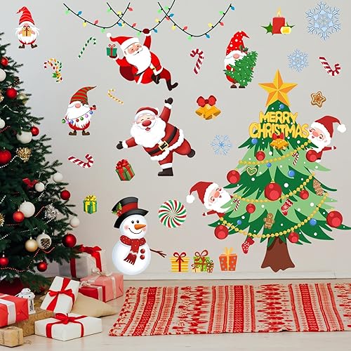 Miniatura 5 de Calcomanía de pared de árbol de Navidad de 41.33 x 41.33 pulgadas, calcomanías de pared de Papá Noel de Navidad, muñecos de nieve, decoración de