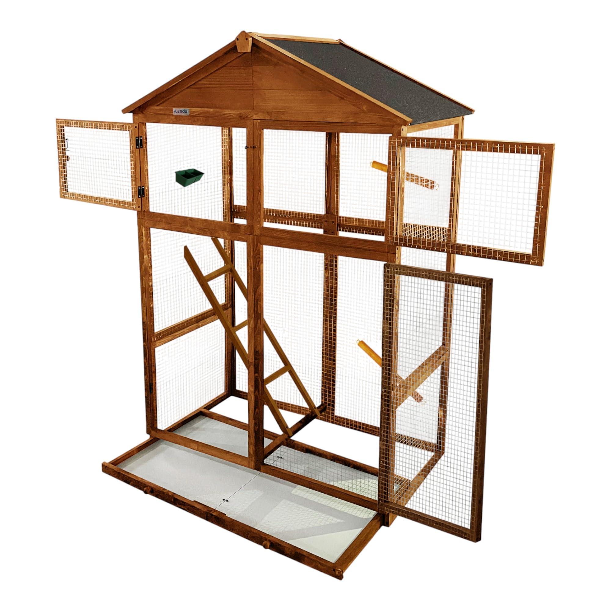 Jaula de Madera para pájaros 115x58x164 cm – Voladera Exterior/Interior con comedero, Perchas, Escalera y Bandeja extraíble – Resistente a la Intemperie (Marrón)