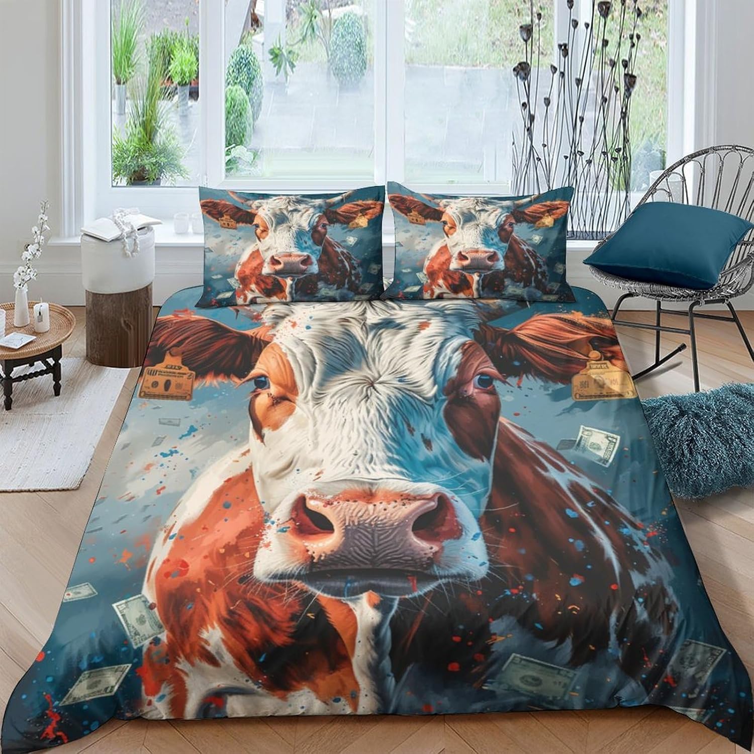 Housse de couette vache 200x200 cm avec 2 taies d'oreiller en microfibre