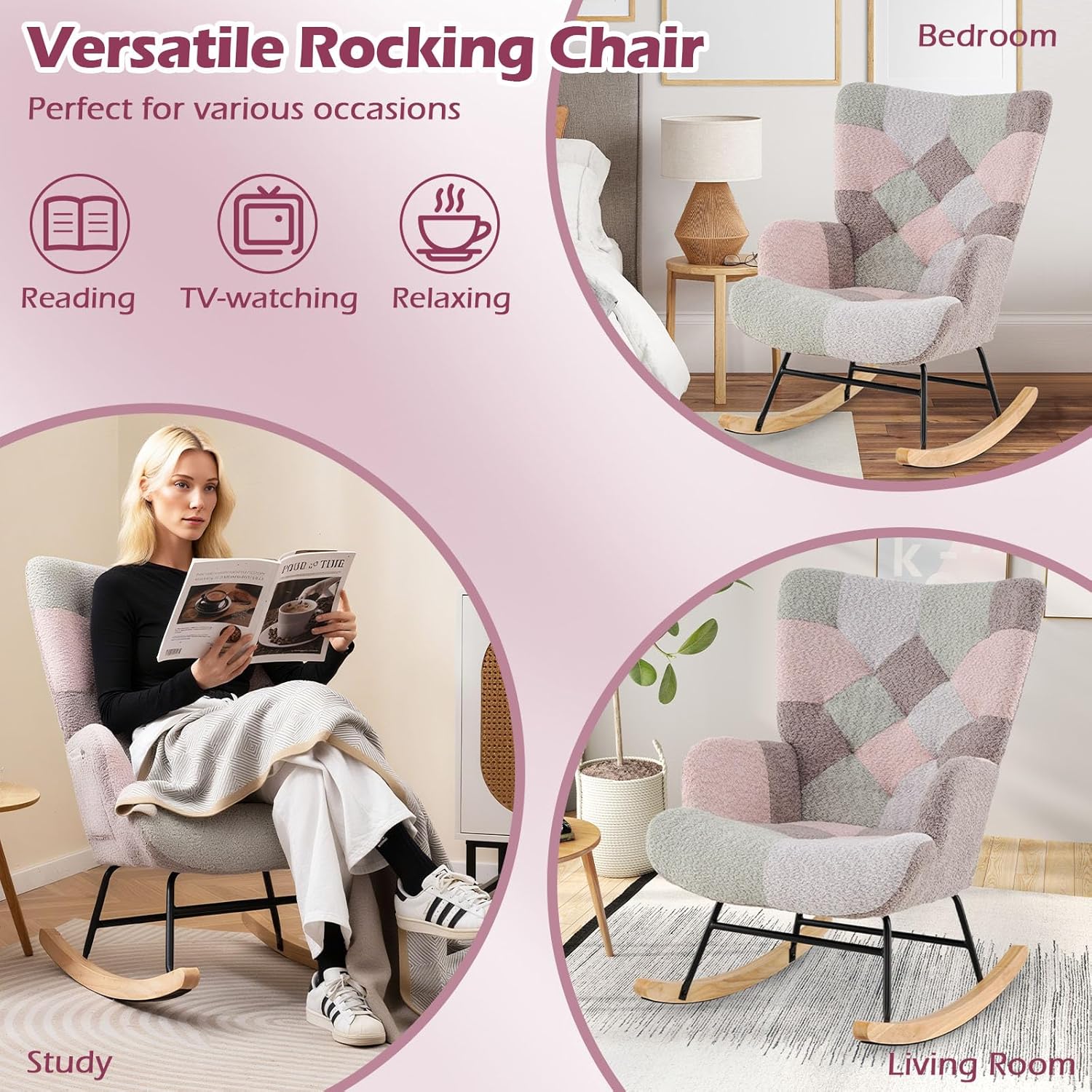 Giantex Nursery Rocking Chair Set of 2, Boucle Upholstered Glider Rocker Accent Chair w/Ergonomic High Backrest, Rubber Wood Legs & Side Pocket, Modern Armchair for Living Room, Bedroom, Spliced Pink