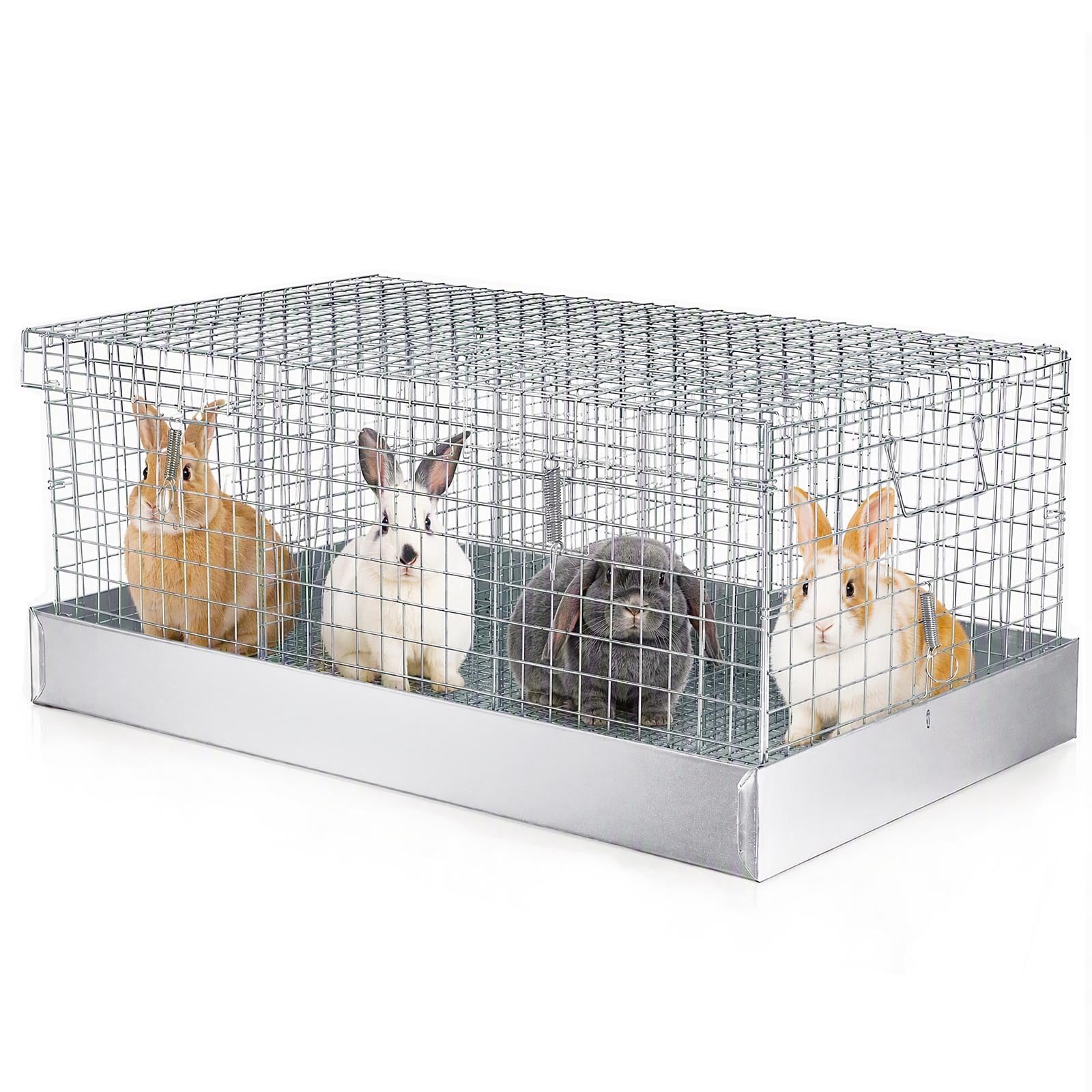 Faltbarer Transportkäfig für Kaninchen und Meerschweinchen aus Metall, 4 Löcher, tragbare Tragetasche mit Tablett und Griffen für Reisen, Indoor-Outdoor-Lebensraum für Kleintiere (1, Silber