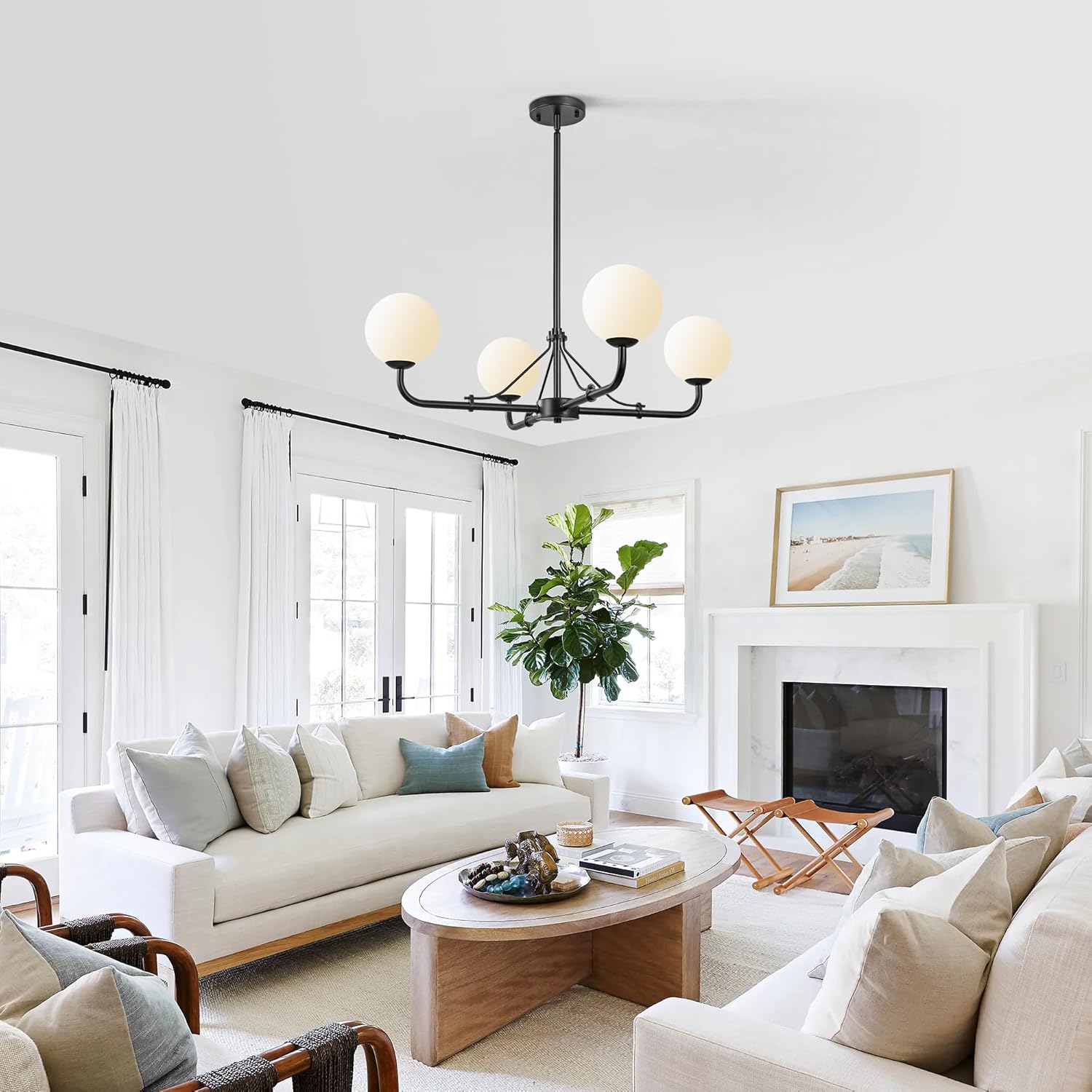 4 Lights Black Chandelier, Mid Century Modern Chandeliers for Dining Room, Hanging Sputnik Light Fixture for Living Room Kitchen Island Foyer Bedroom, Milk White Globe Glass Shade