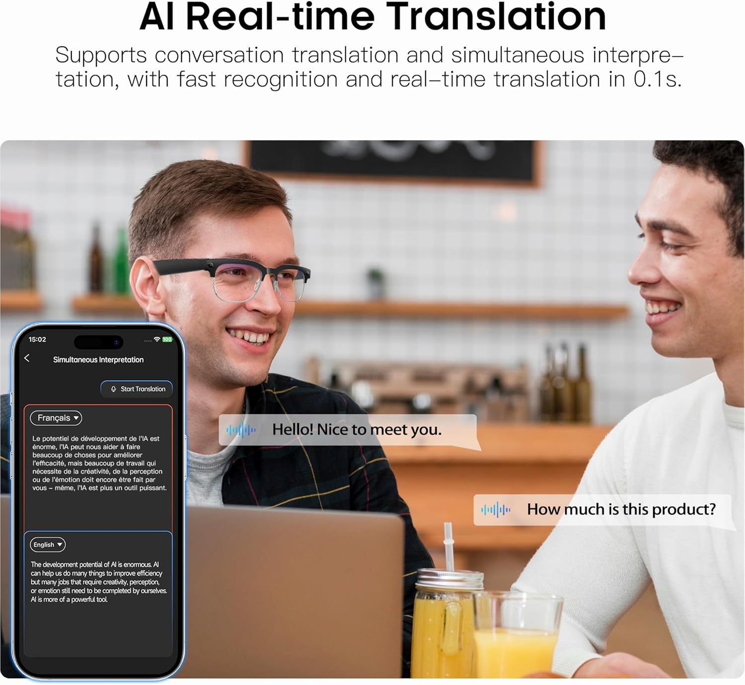 AI Smart Glasses with Camera,  Photo/Video, Anti-Shake Recording, Music & Bluetooth Calling, Real-Time Translation