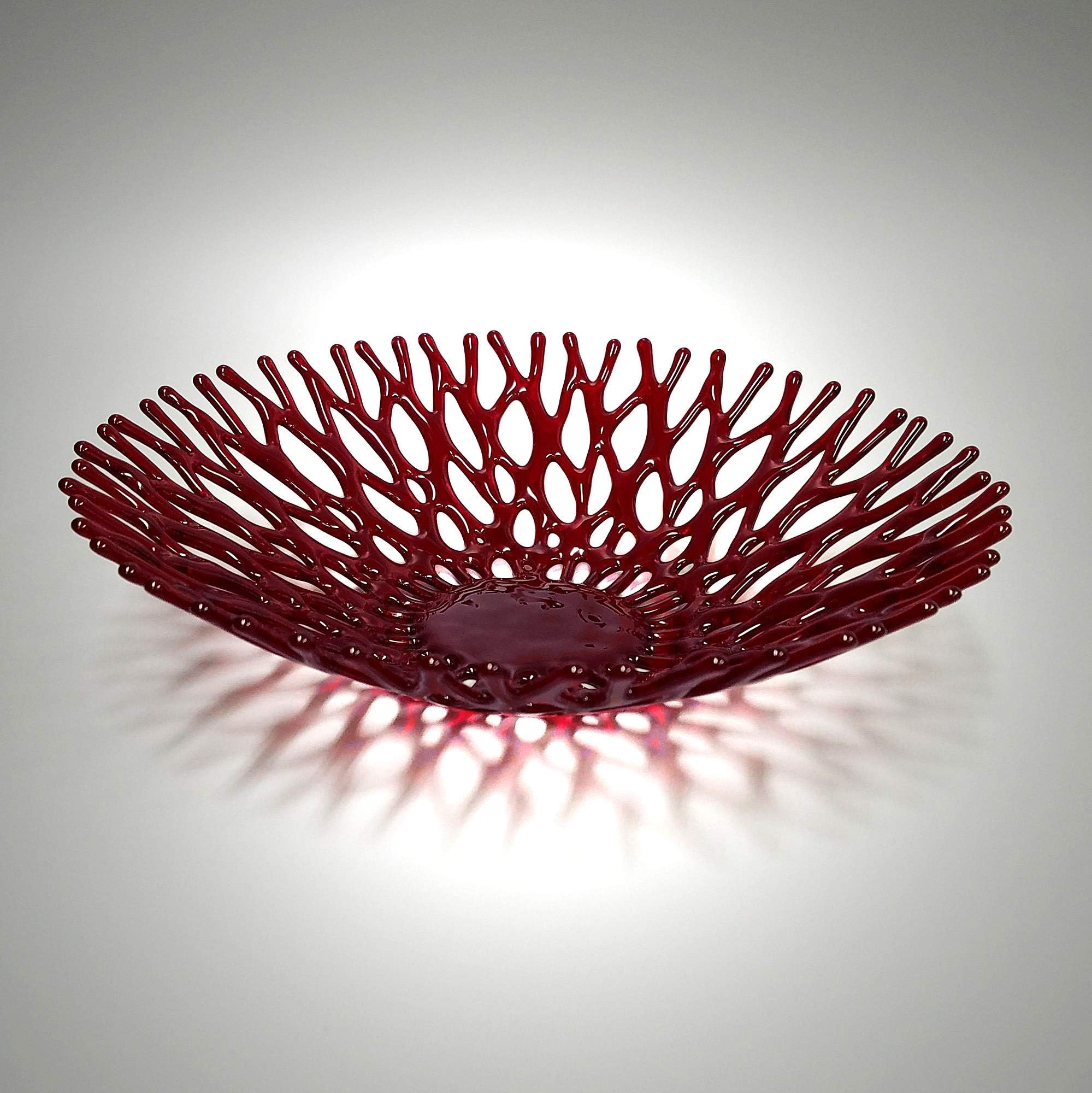 Lacy Glass Art Sea Coral Fruit Bowl in Deep Ruby Red 11 Inches