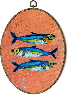 FSTCSV Vintage Sardine Decor Oval Wall Art Framed, Nautical Coastal Sardines Fish Canvas Prints Wall Hanging Art, Vintage Retro Sardine Fish Oval Walls Decor for Beach House Kitchen, 8.8x11.5in