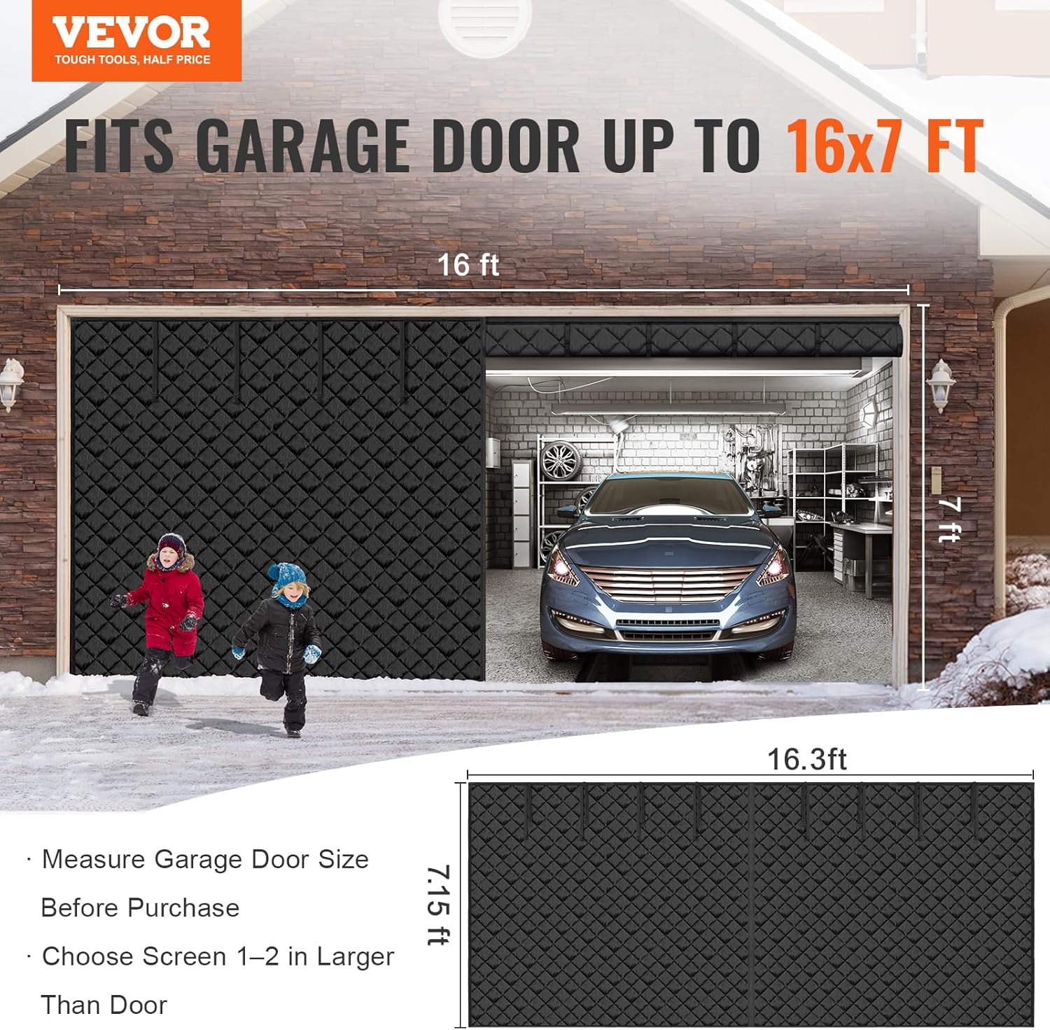 VEVOR 16x7FT Garage Door Insulation Kit for Winter, Magnetic Thermal Insulated Garage Curtain Screen Cover for 2 Cars (Waterproof Windproof Soundproof)