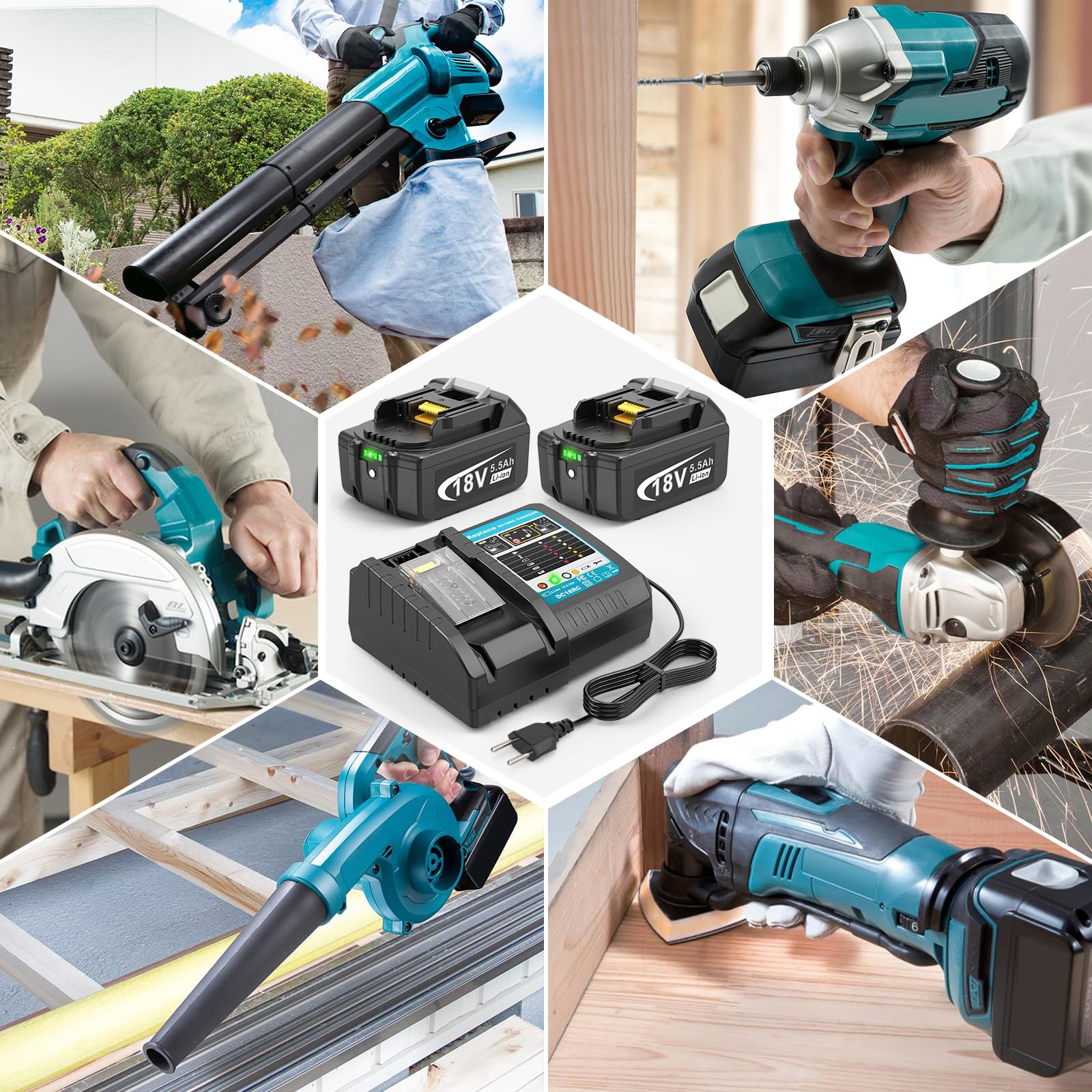 ASUNCELL 2 baterías de 5,5 Ah y Cargador para Makita LXT, Compatible con Todas Las baterías Makita de 14,4 V-18 V BL1815 BL1830 BL1850 BL1430