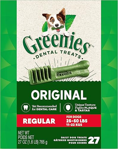 Greenies Dog Dental Chews Aperitivos para perros  Tamaño regular (perros de 25-50 libras)