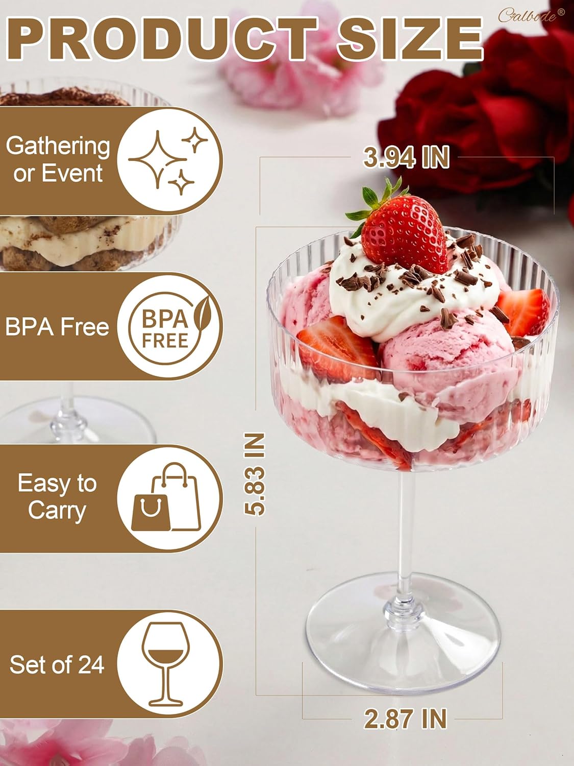 CALBODE 24Pcs Plastic Martini Glasses Disposable 10oz Plasitc Ribbed Coupe Glasses Clear Vintage Cocktail Glassware Set Unbreakable Dessert Cups for Easter Spring Party Wedding Anniversary