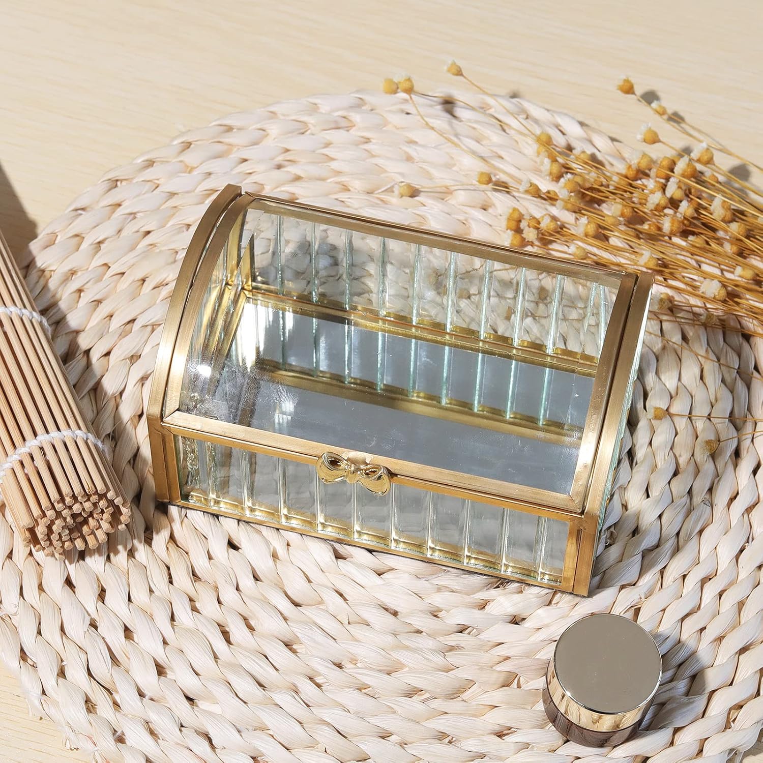 LONGSHENG - SINCE 2001 - Gold Jewelry Trinket Box, Glass Decorative Box Storage for Cosmetic Bracelet Necklace Ring Watch-Large
