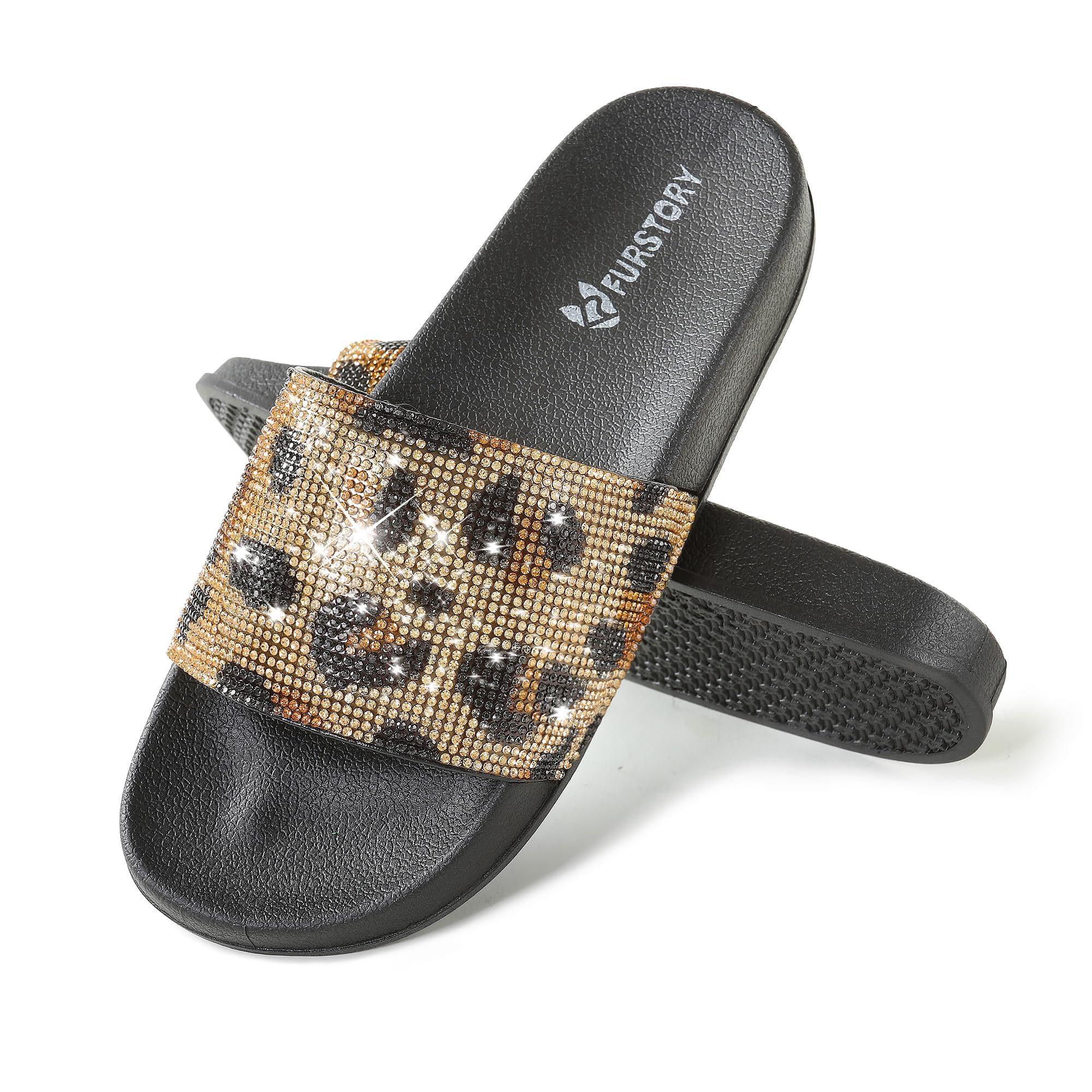 Fur Story Womens Slides House Slippers Rhinestone Glitter Slides Cute bling Flat for Women Platform Sandals Cozy Bedroom Slippers Shower Shoes