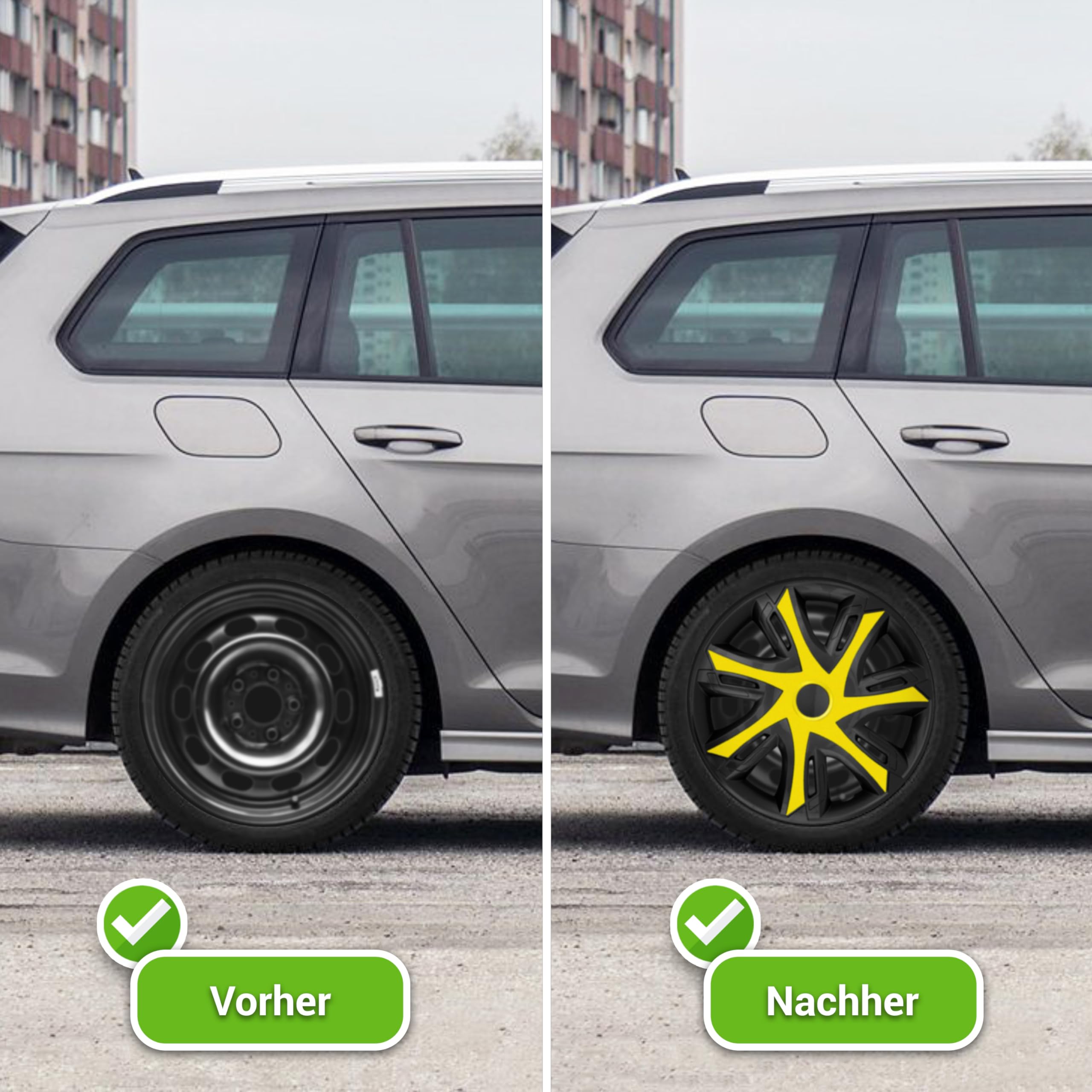 Moltico Enjoliveur - Set de 4 Universel Enjoliveurs - Adapté à Toutes Roues en Acier - Enjoliveurs pour Auto - Anneau de Sécurité Réglable - 16 Pouces - Jaune-Noir