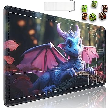 MTG Playmat with Zones, 24 x 14 in Smooth Surface Card Game Playmat for Magic The Gathering Playmat, TCG Playmat with Storage Bag and 6 Dice, Cartoon Blue Baby Dragon MTG Mat Mouse Pad