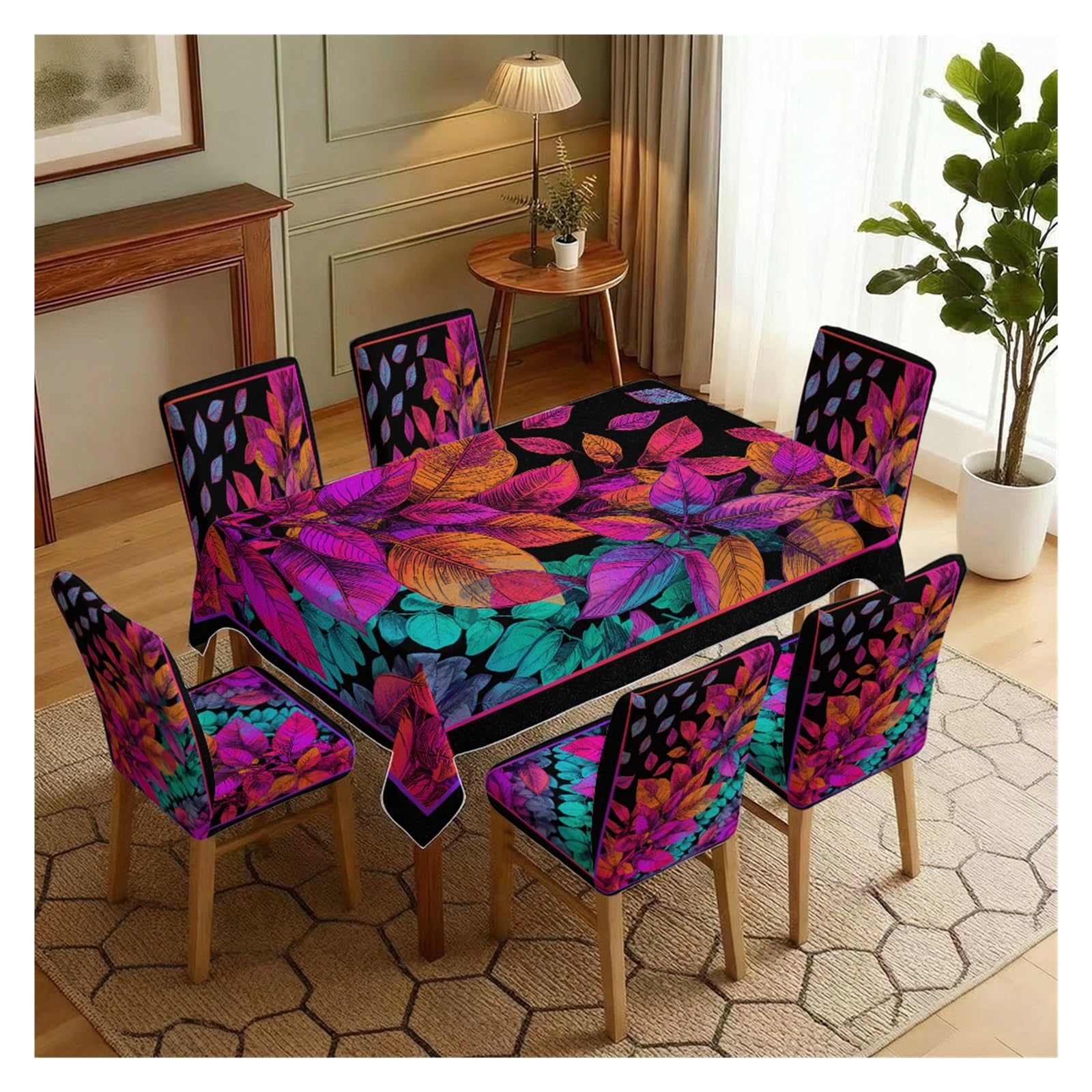 BOSUYBN Vibrant Floral Dining Set Covers, 5/7 Piece Tablecloth With Matching Chair Slipcovers In Bold Colors For A Bold Dining Experience Table Setting(7pcs Set: Tablecloth+Chair Covers)