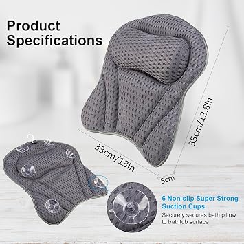 Bath Pillow 4D Ergonomic Bath Pillow,Bath Cushion with 6 Non-Slip Suction Cups Bath Pillows Neck Back Support Mesh Bathtub Pillows for Bathtub Home Spa (Grey)